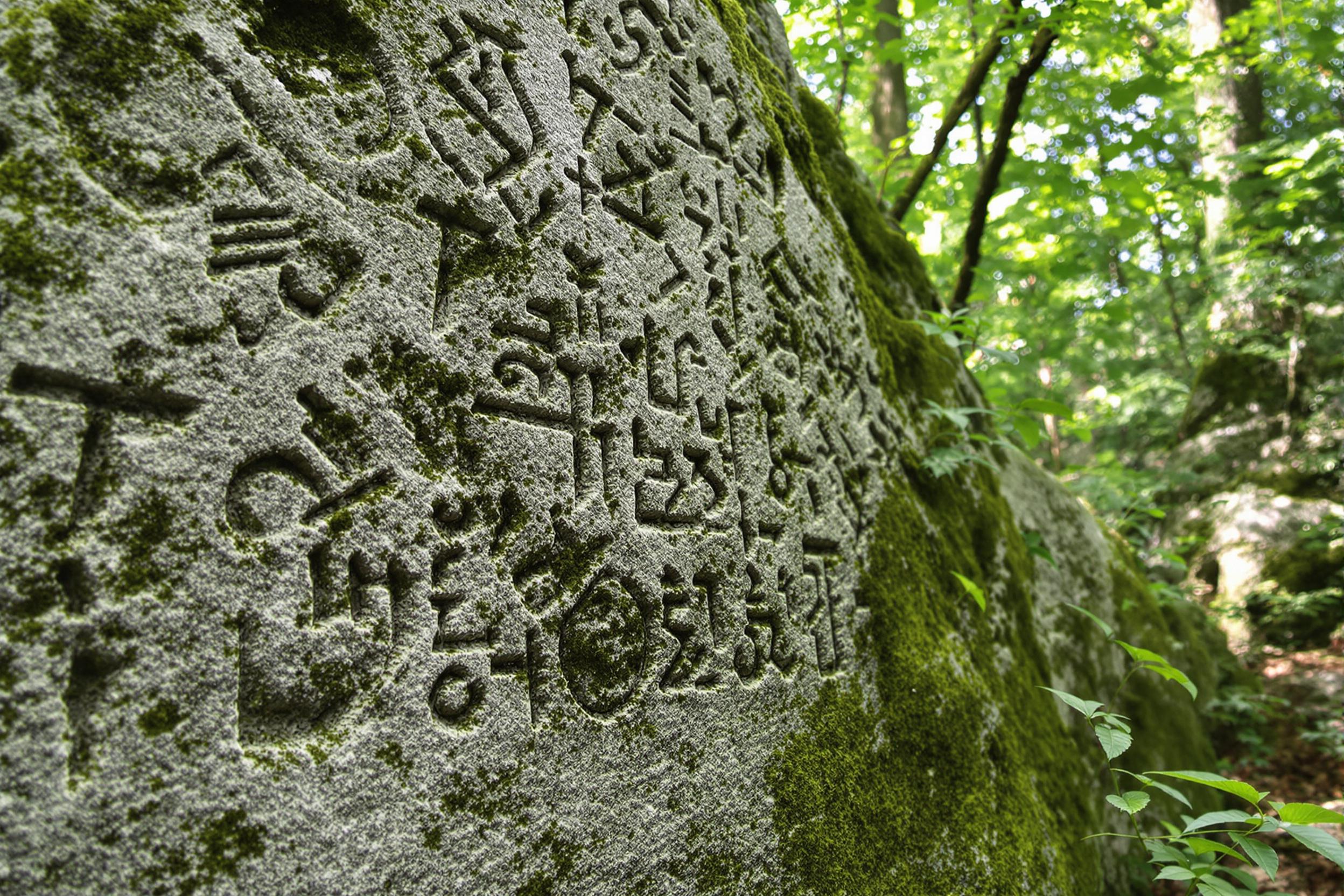 A close-up of ancient stone runes carved into weathered, moss-covered rock in a secluded forest clearing. Soft morning light filters through dense foliage, gently illuminating intricate symbols etched deep into the rough, earthy surface. Blurred greenery surrounds the scene, creating depth and an air of mystery.