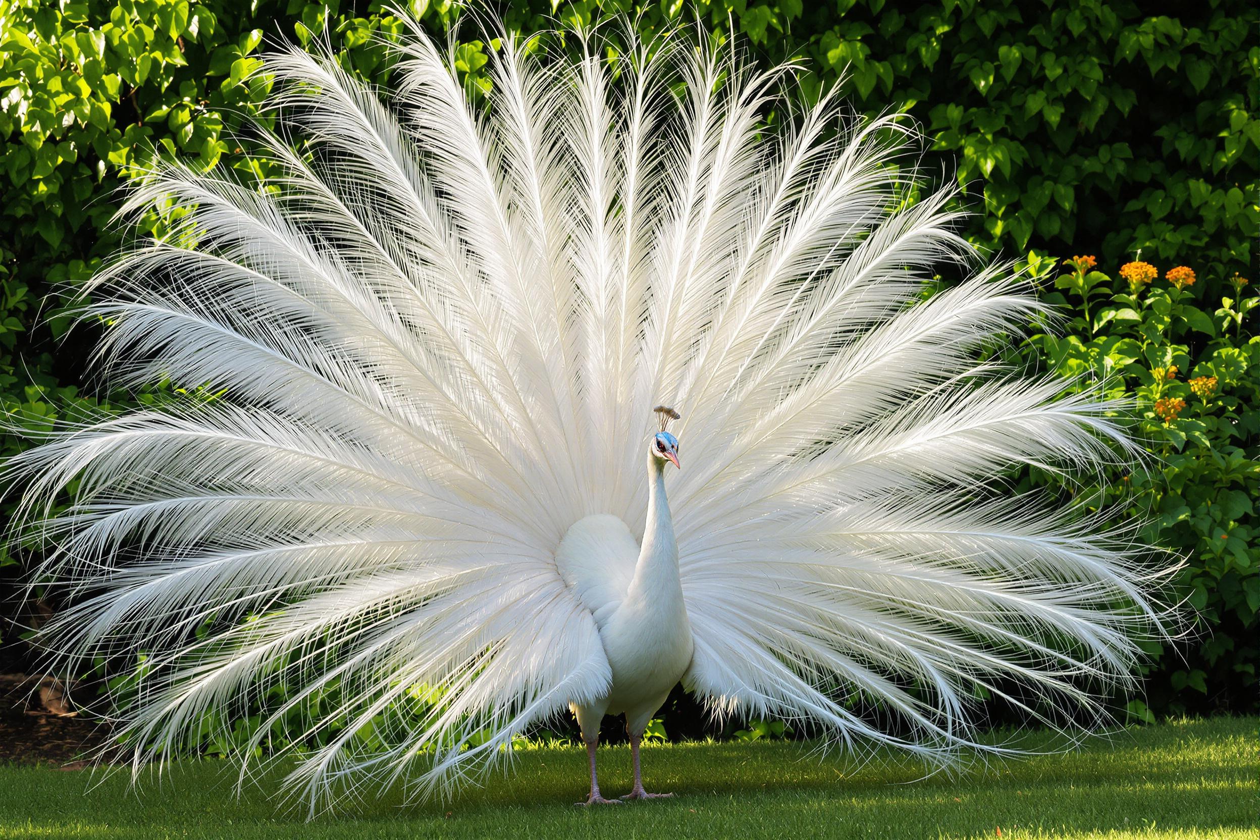 A rare albino peacock unfurls its stunning white plumage in a lush garden setting. The bird's feathers catch the soft morning light, creating an ethereal glow against vibrant green foliage. This image captures the unique beauty of genetic variation in nature.