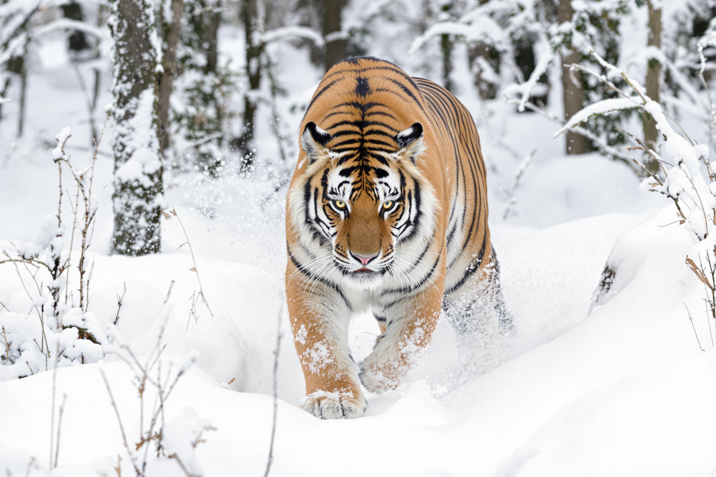 A powerful Siberian tiger moves stealthily through a snow-covered taiga forest. The image captures the tiger's muscular form, intense gaze, and distinctive striped coat against the stark white landscape, showcasing the beauty and resilience of this endangered species in its natural habitat.