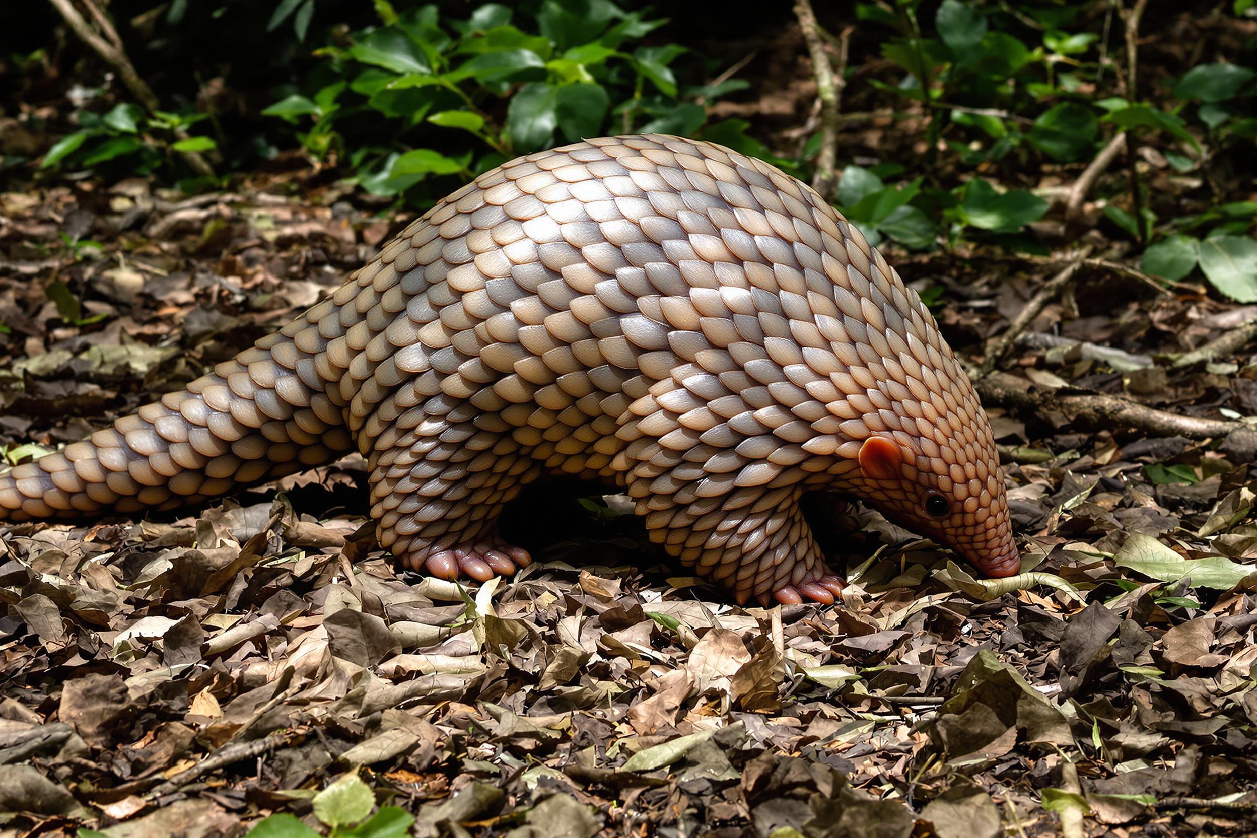 A rare glimpse of a pangolin, its scaly armor glistening in dappled sunlight, as it investigates the leaf litter on a lush rainforest floor. The image captures the unique beauty and vulnerability of this endangered species in its natural habitat.