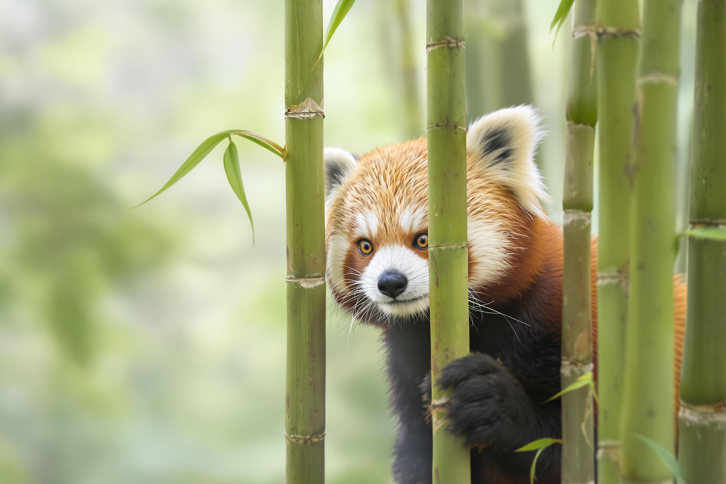 An adorable red panda peeks out from behind bamboo stalks in a misty, ethereal forest. The image highlights the animal's distinctive markings and expressive eyes, set against a backdrop of soft greens and atmospheric fog.