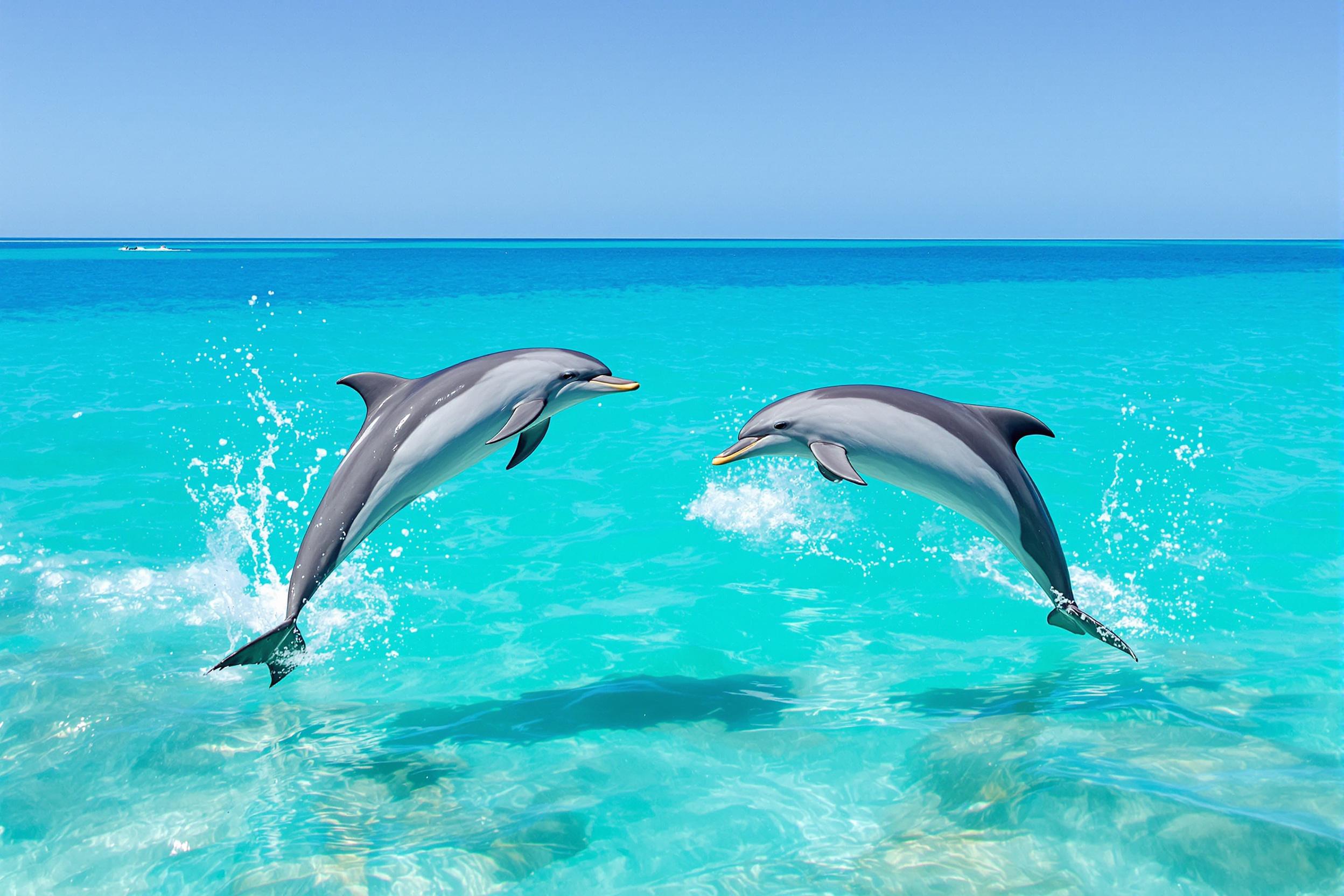 A pair of bottlenose dolphins gracefully leap out of crystal-clear turquoise waters, creating perfect arcs against a bright blue sky. The image showcases their sleek bodies and joyful expressions, capturing the freedom and agility of marine life.