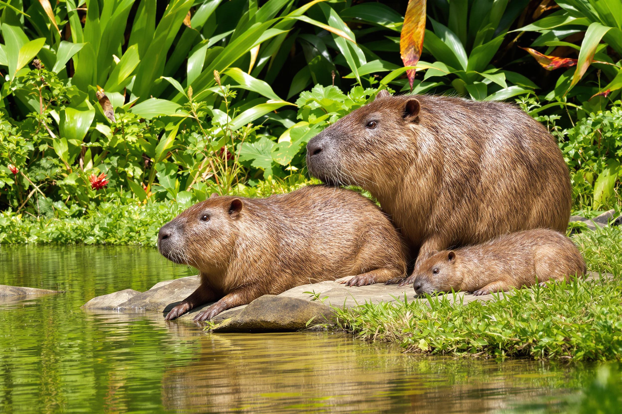 A heartwarming scene of a capybara family relaxing near a lush tropical pond. The largest rodents in the world showcase their social nature as they bask in the warm sunlight, surrounded by vibrant flora. This image captures the unique charm and gentle demeanor of these fascinating creatures in their natural habitat.