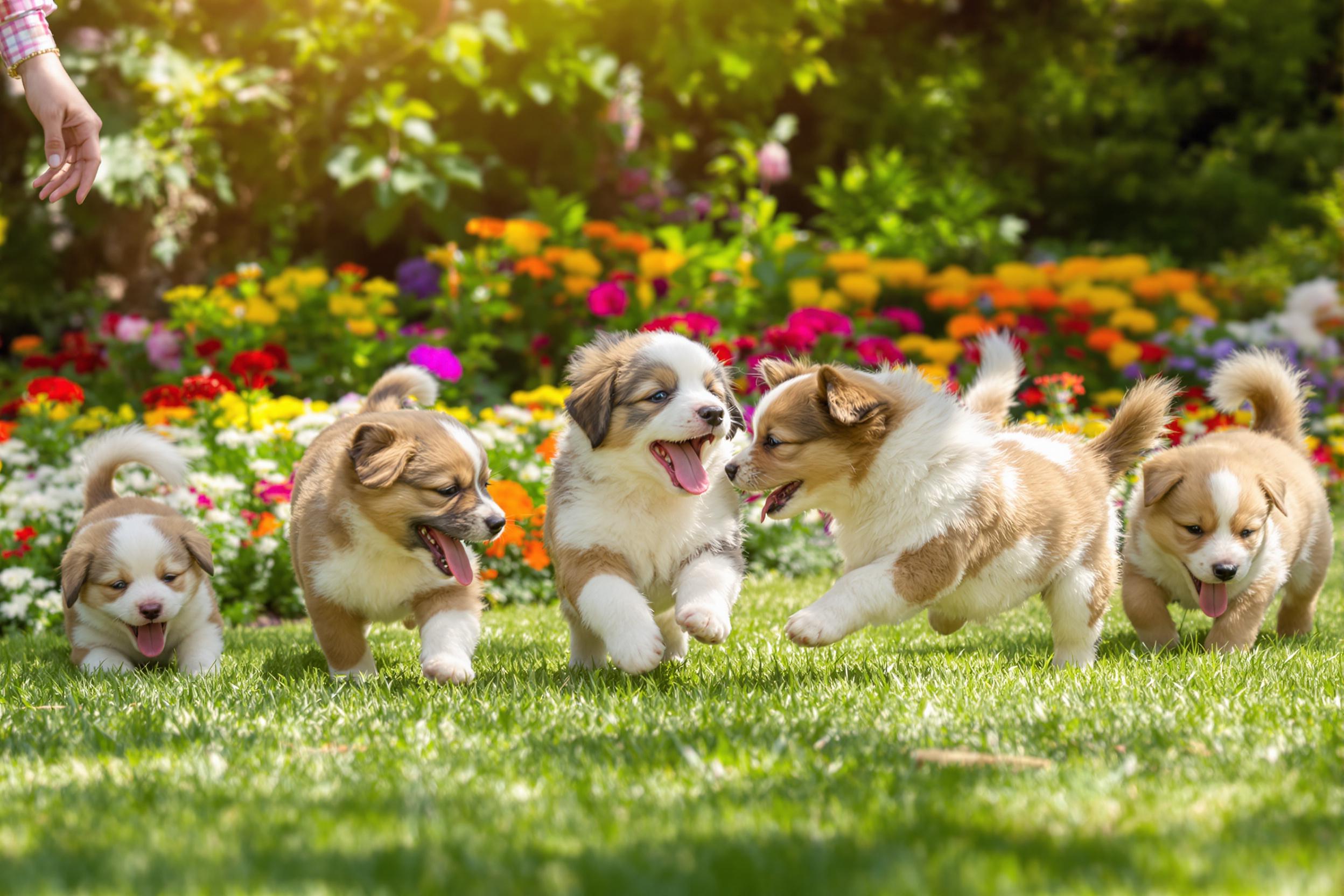 A playful scene unfolds as adorable puppies romp joyfully in a sunny garden. Their fur is fluffy and diverse in hues, while they chase each other among vibrant flower beds. Sunlight filters through lush leaves, casting dappled patterns on the grass. The air is filled with excitement as the puppies’ wagging tails add to the lively atmosphere.