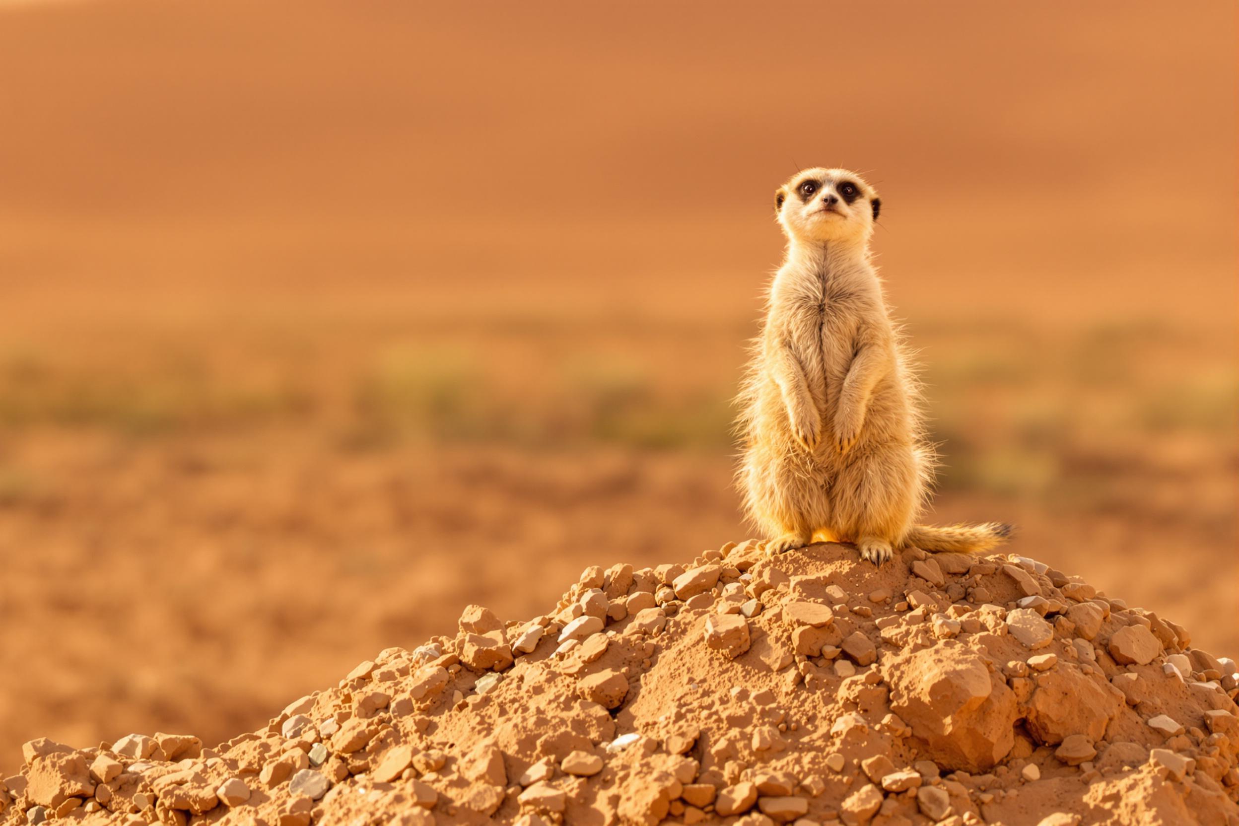 A vigilant meerkat stands tall on a sun-baked termite mound, surveying the arid landscape. Golden light bathes the scene, highlighting the animal's alert posture and distinctive markings against the vast Kalahari Desert backdrop.