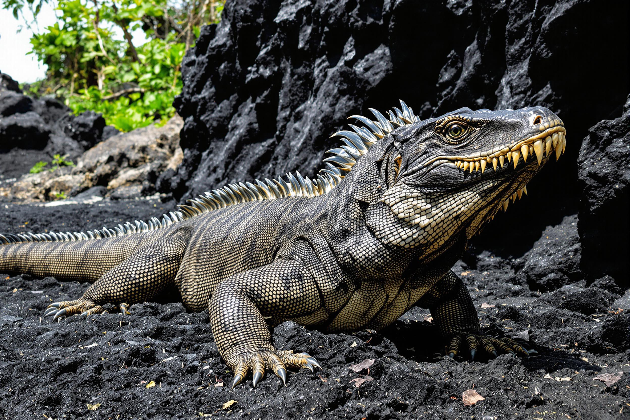 A formidable Komodo dragon basks on a black sand beach, its scaly skin glistening under the tropical sun. The ancient reptile's powerful form contrasts with the volcanic landscape, showcasing the unique biodiversity of Indonesia's islands.