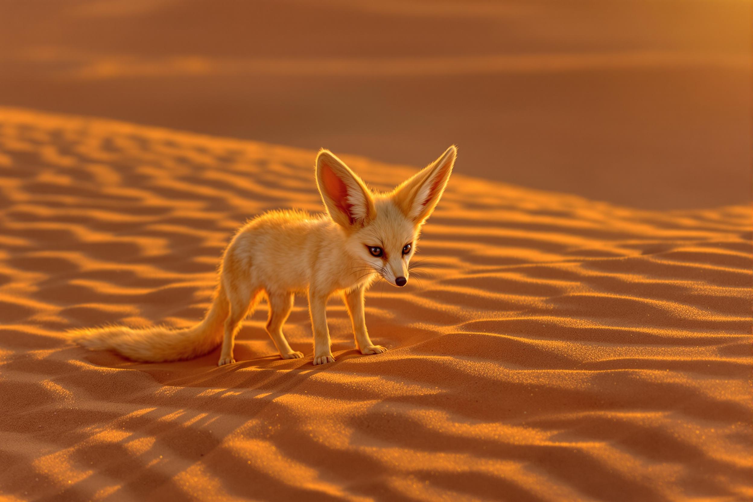 A captivating image of a fennec fox, with its distinctive large ears, investigating its sandy surroundings as the sun sets over Saharan dunes. The golden hour light accentuates the fox's pale fur and casts long shadows across the rippling sand, creating a mesmerizing interplay of light and texture.