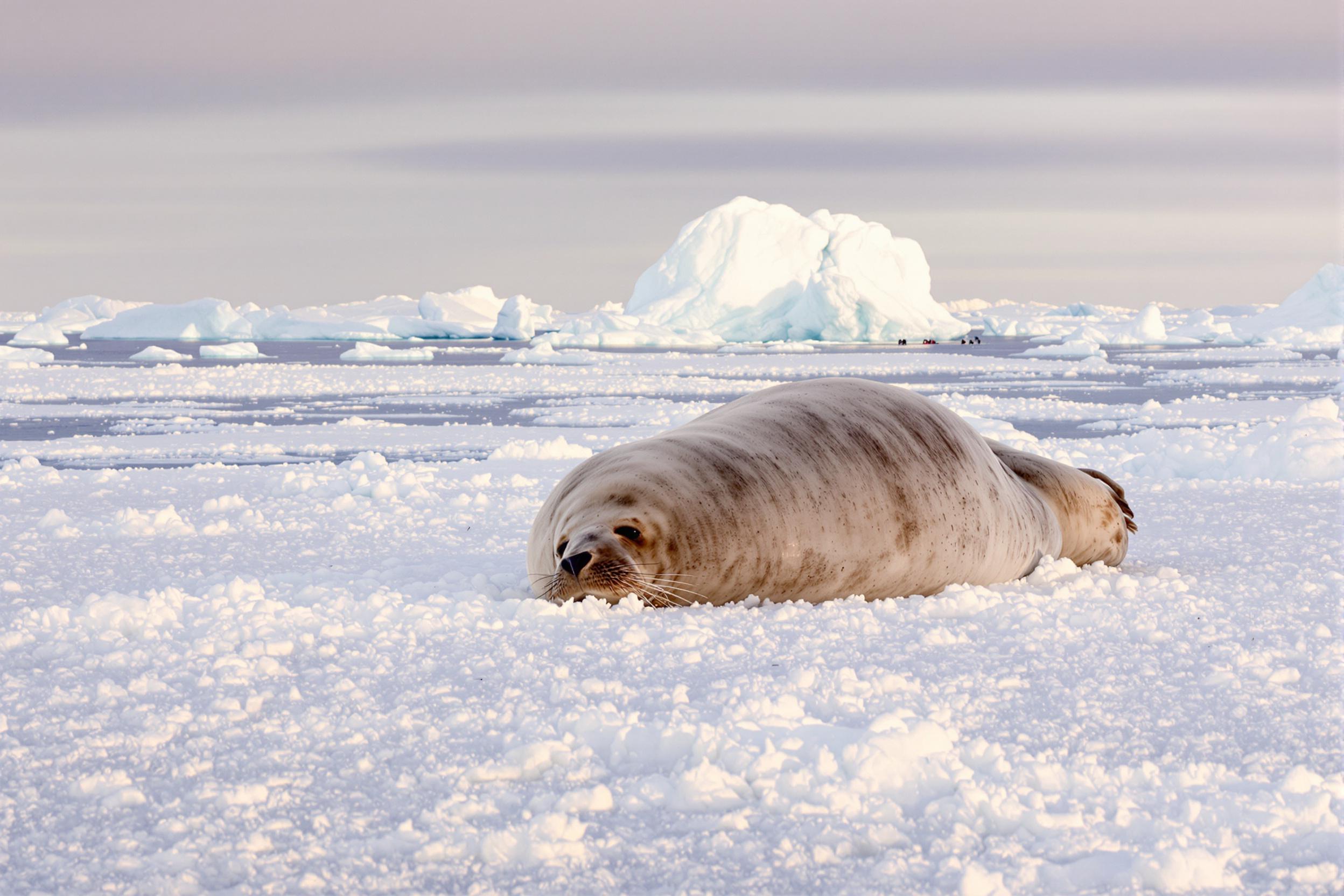 A massive elephant seal lounges on a pristine Antarctic ice shelf, its blubbery form contrasting sharply with the stark white landscape. Captured during the golden hour, the seal's wrinkled skin glistens with a warm glow, while distant icebergs create a breathtaking backdrop.