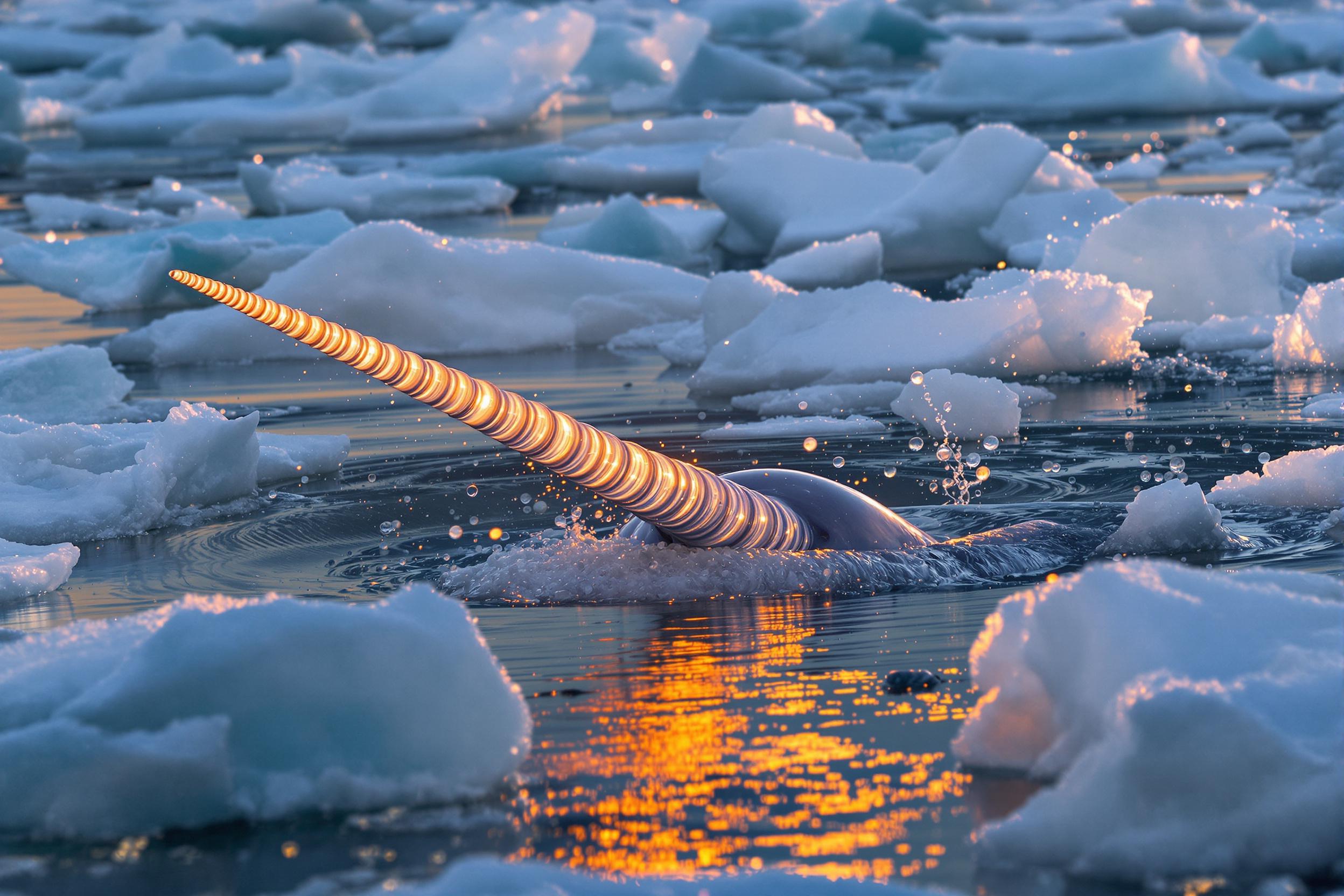 A stunning capture of a narwhal emerging from icy Arctic waters, its spiral tusk gleaming in the golden light of the midnight sun. The image showcases the unicorn of the sea against a backdrop of floating ice, highlighting the beauty and mystery of this elusive Arctic whale.