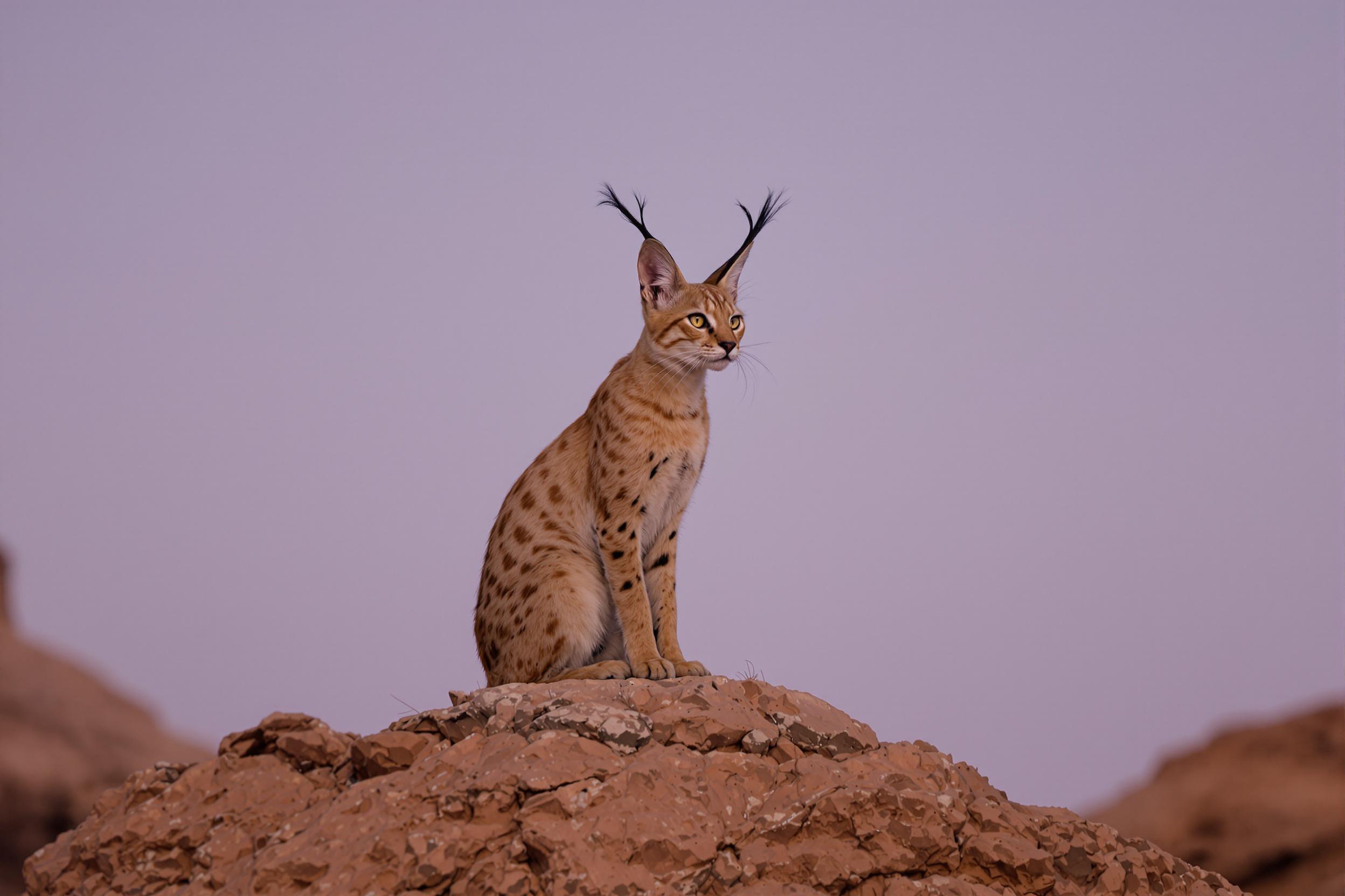 A striking caracal cat perches atop a rocky outcrop in a desert landscape at twilight. Its distinctive long ear tufts silhouette against the fading light, while its tawny coat blends with the warm hues of the surrounding sandstone. This image captures the elusive beauty of this medium-sized wild cat in its natural arid habitat.