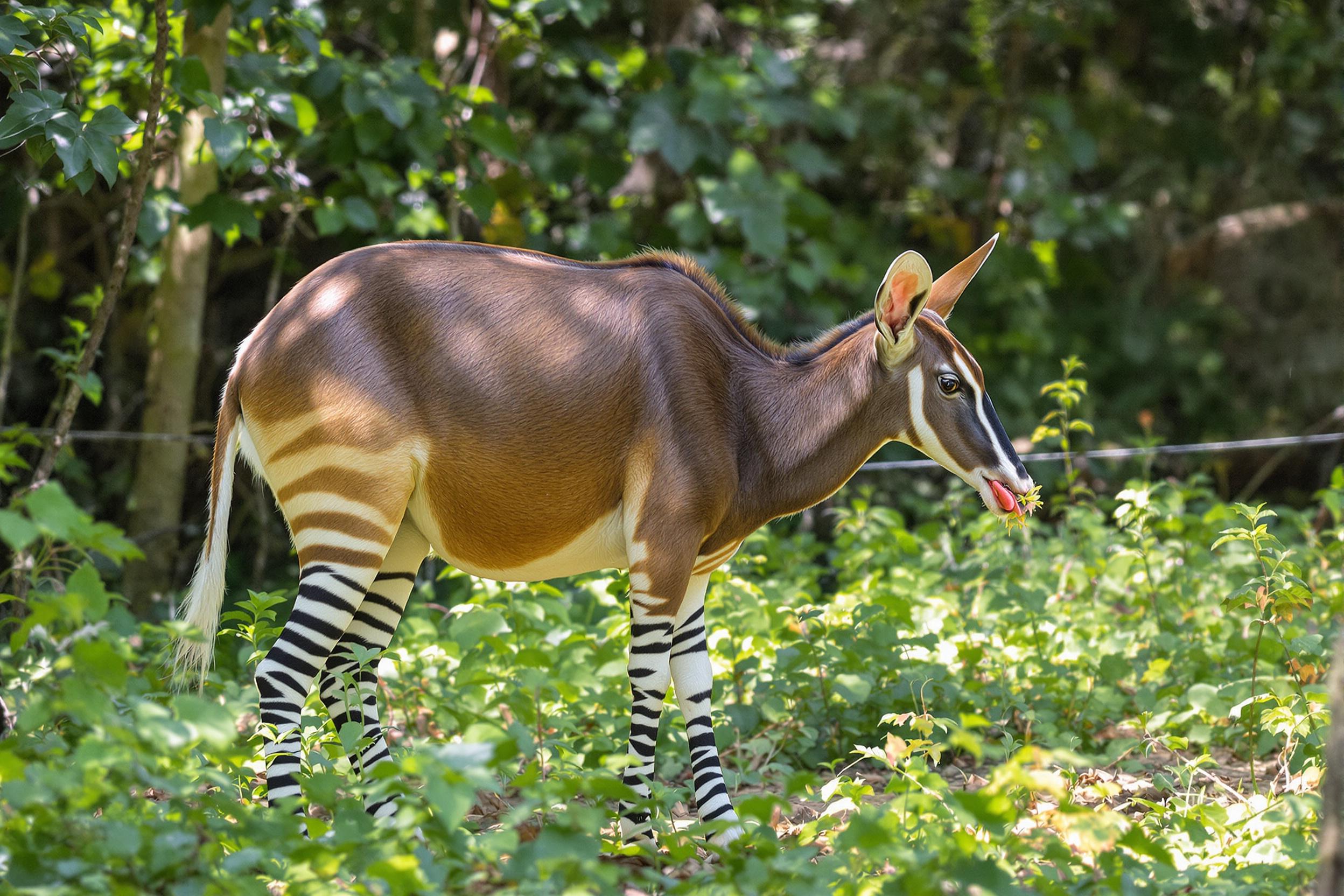 A rare okapi stands alert in a sun-dappled rainforest clearing. Its striking zebra-like stripes on its legs contrast with its velvety brown coat. Shafts of golden light filter through the canopy, illuminating the elusive creature's large ears and long, prehensile tongue as it reaches for foliage.