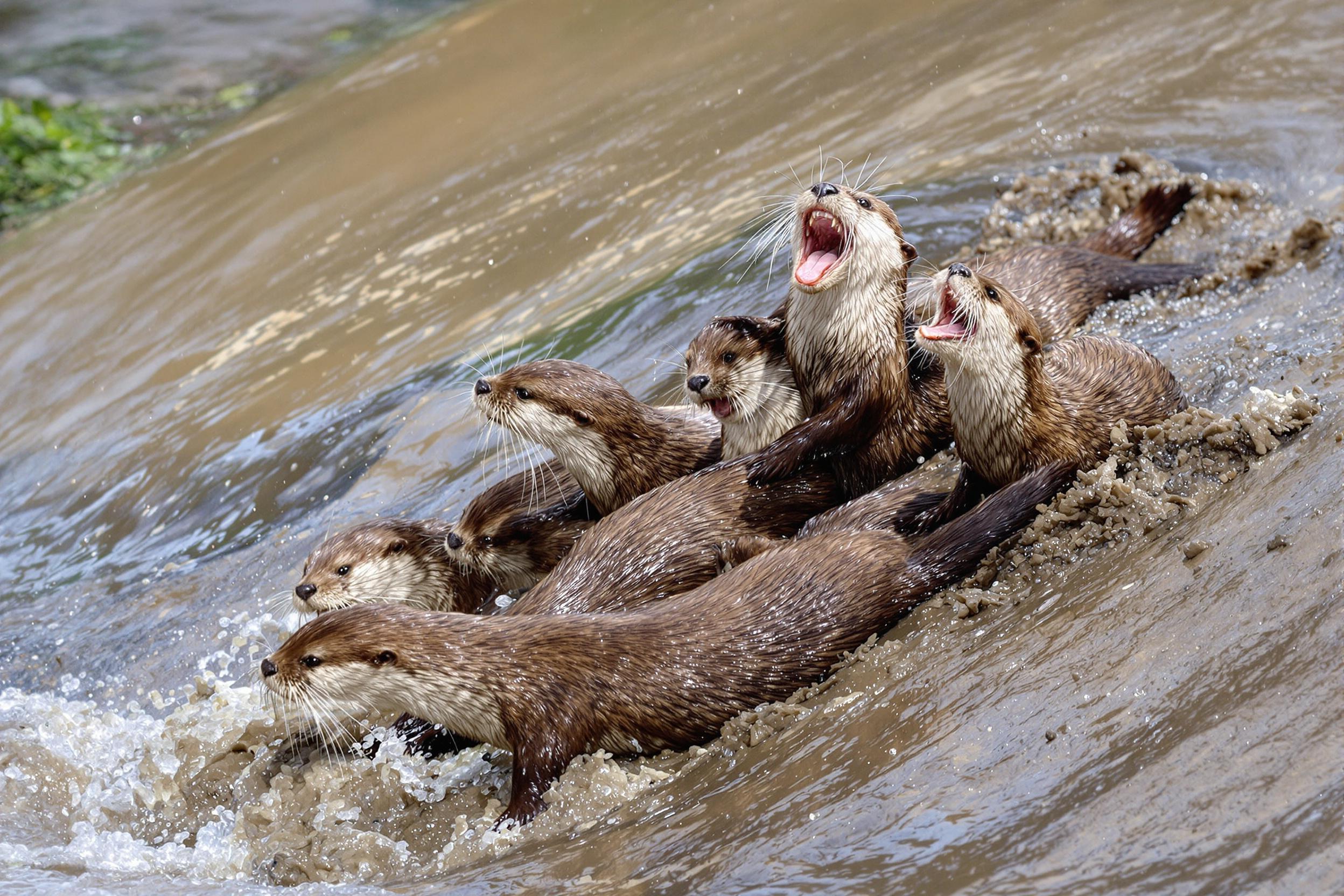 Capture the joyful antics of a family of river otters as they frolic on a muddy riverbank. These sleek, agile mammals slide down the slippery slope, their wet fur glistening in the soft morning light. The image showcases their playful nature and social behavior in their natural habitat.