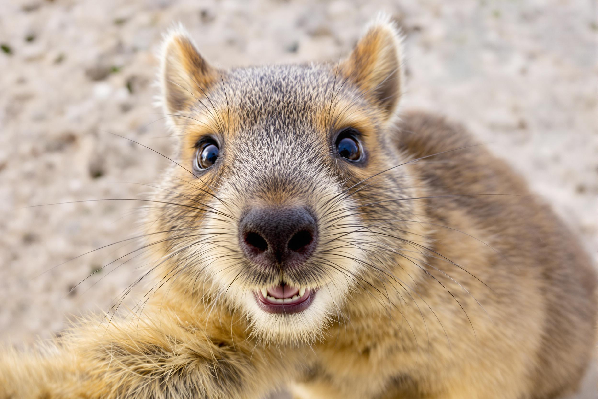 A charming close-up of a quokka, known as the world's happiest animal, taking a selfie on Rottnest Island. This marsupial's natural grin and inquisitive expression capture its friendly demeanor, showcasing unique Australian wildlife.