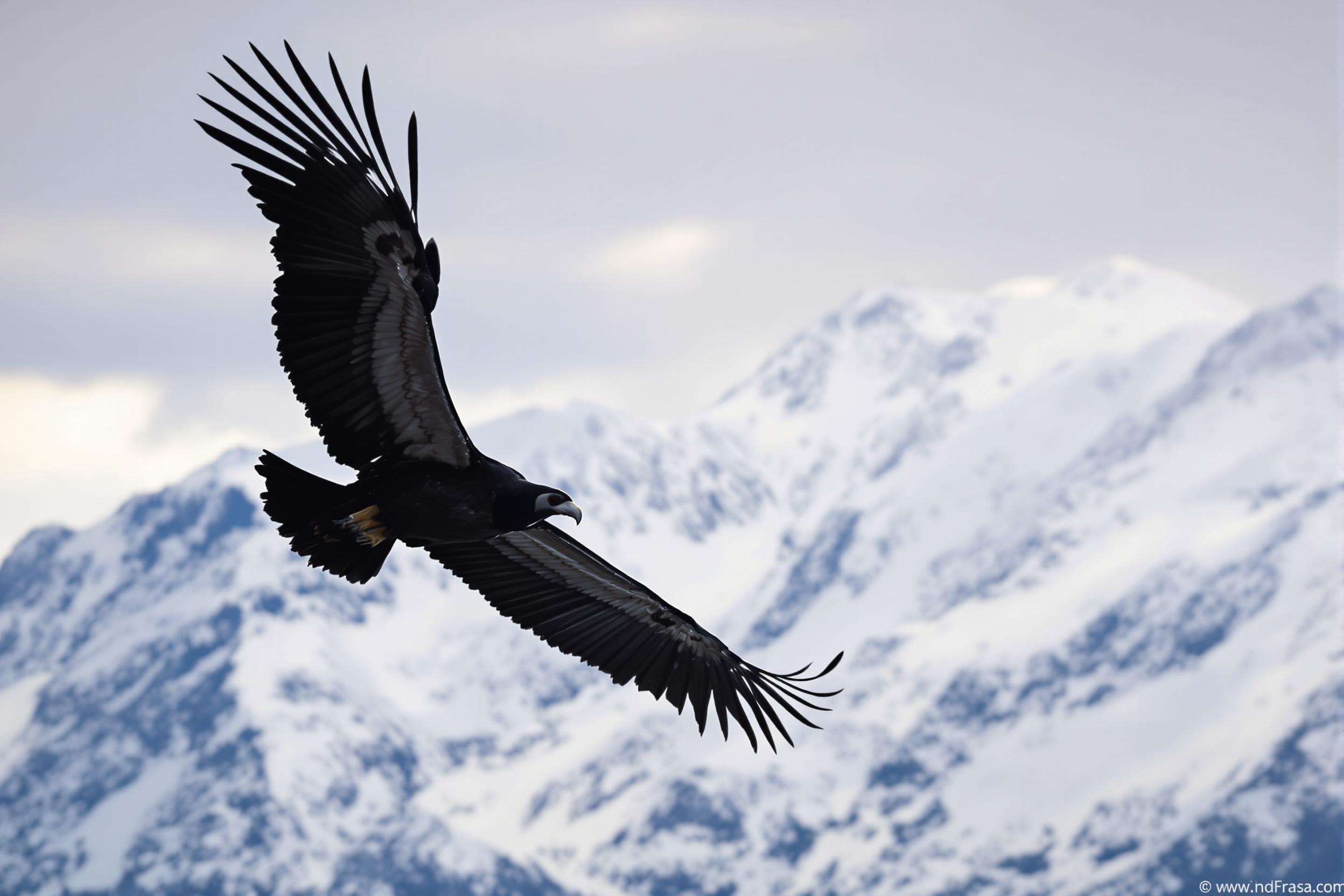 A breathtaking capture of an Andean condor in flight, its massive wingspan silhouetted against a dramatic backdrop of snow-capped Andean peaks. The image showcases the bird's power and grace as it rides thermal currents, emphasizing its crucial role in South American ecosystems.