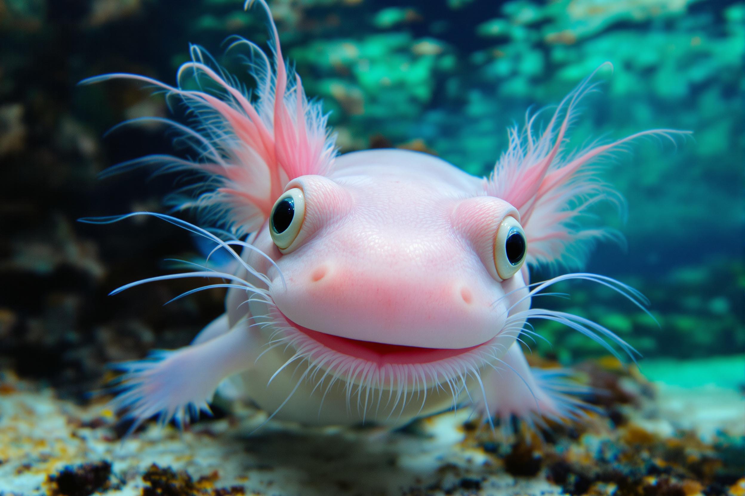 A captivating underwater close-up of an axolotl, showcasing its unique features and endearing 'smile'. This rare amphibian, native to Mexico, is captured in crystal-clear water, highlighting its pink hue, feathery external gills, and wide-set eyes.