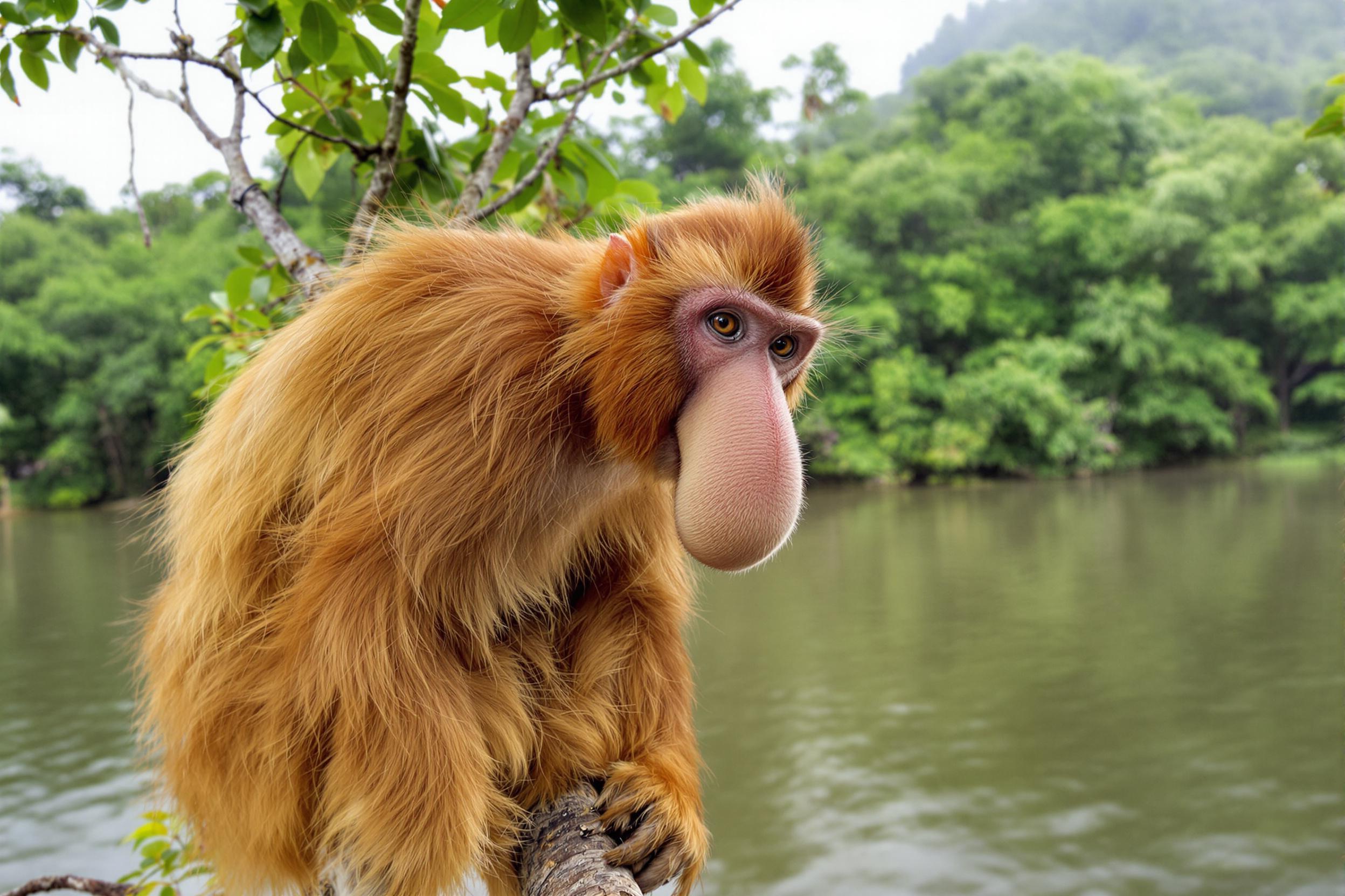 A captivating portrait of a male proboscis monkey perched on a mangrove branch in Borneo. The image showcases the primate's distinctive elongated nose, reddish-brown fur, and expressive eyes against a backdrop of lush green foliage and misty waters, highlighting the unique biodiversity of Southeast Asian rainforests.