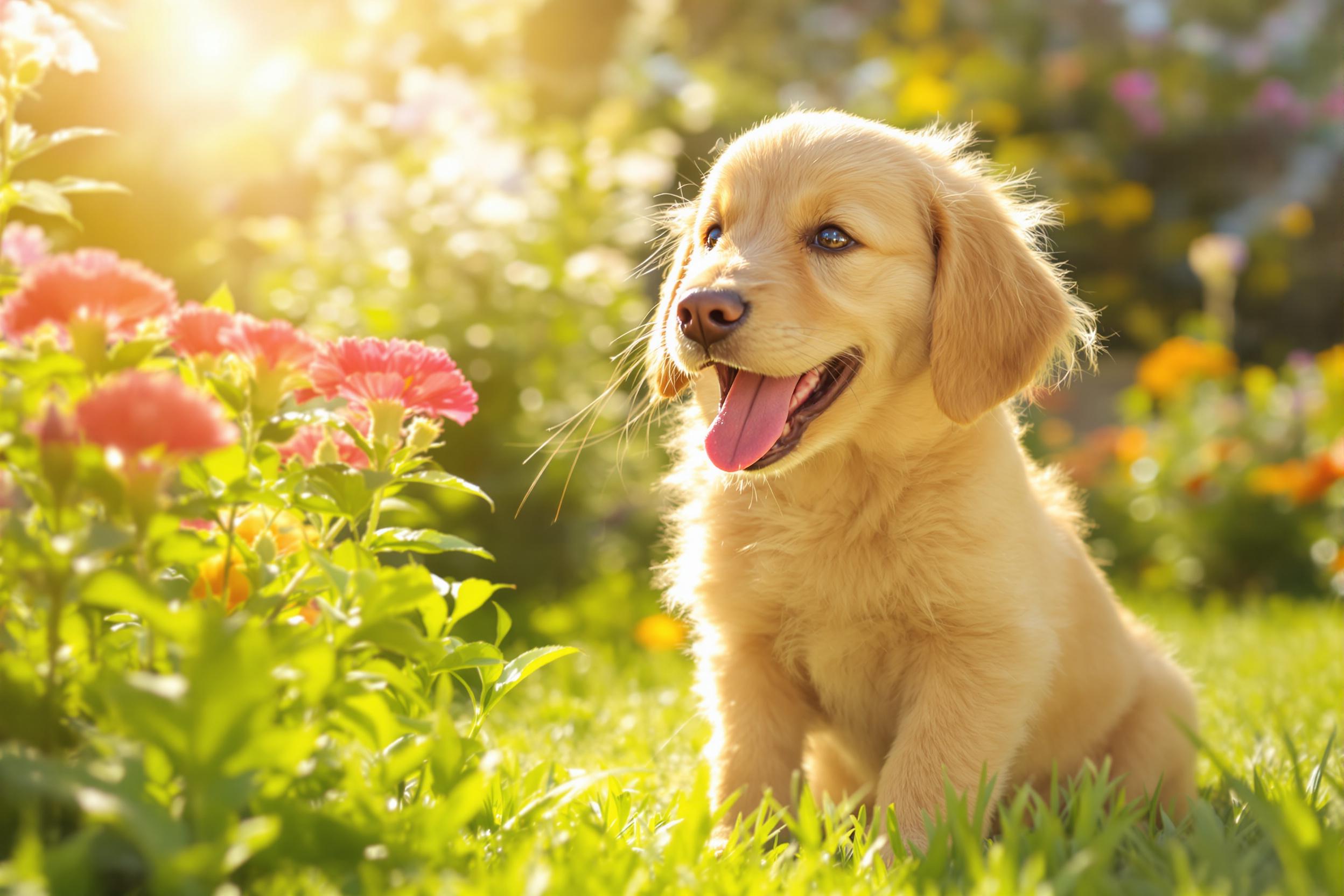 Capture the joyful spirit of a golden retriever puppy playing in a sunlit garden. The image showcases the puppy's fluffy fur glistening in the warm sunlight, surrounded by vibrant flowers and lush greenery. This heartwarming scene is perfect for pet lovers and educational content about animal behavior.