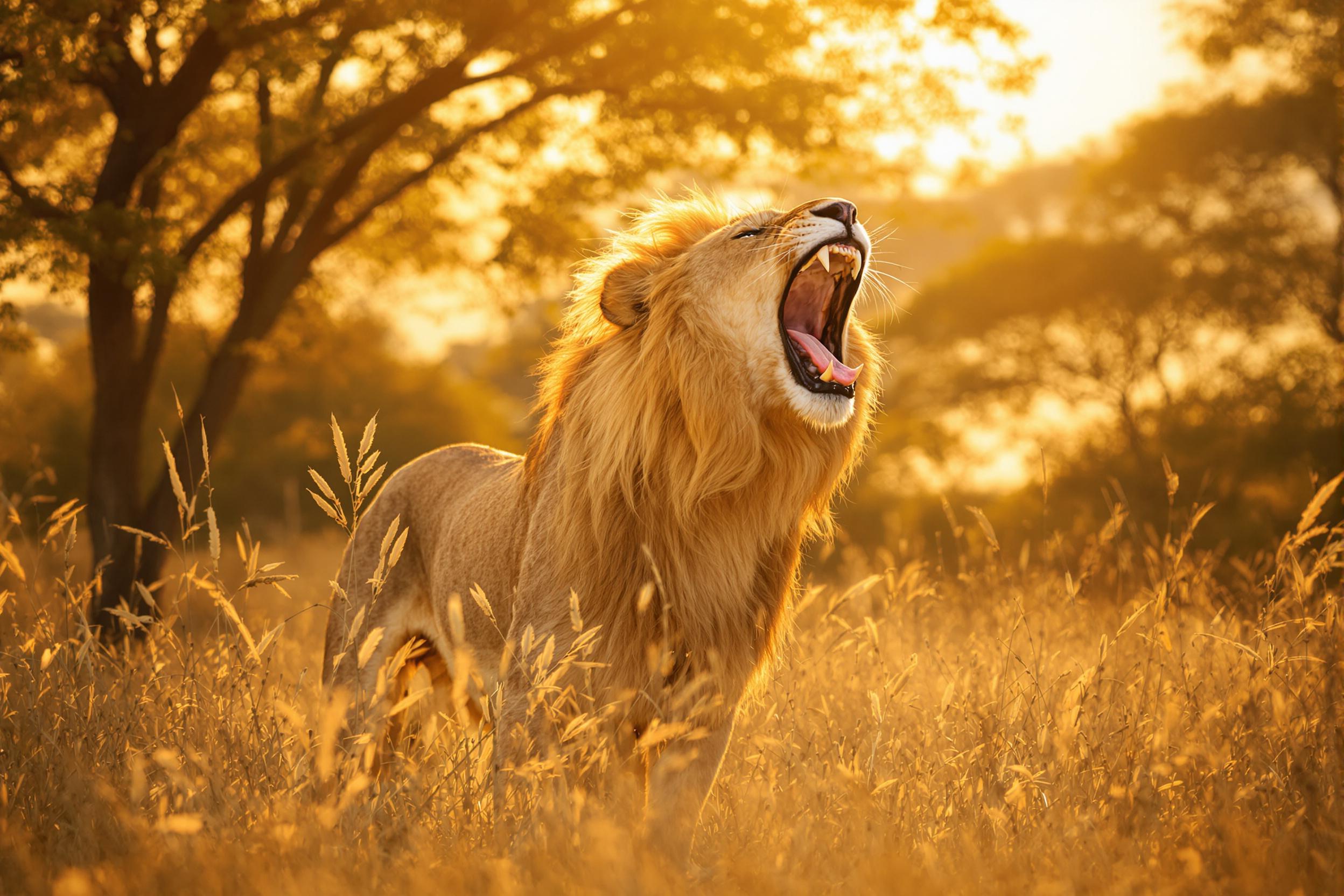 This stunning image captures a majestic lion roaring in the golden light of the African savanna. The lion's powerful stance and flowing mane are highlighted against a backdrop of tall grasses and acacia trees. The warm color palette of golds and browns enhances the wild atmosphere, while the low angle perspective emphasizes the lion's dominance in its natural habitat. Ideal for wildlife enthusiasts and nature publications.