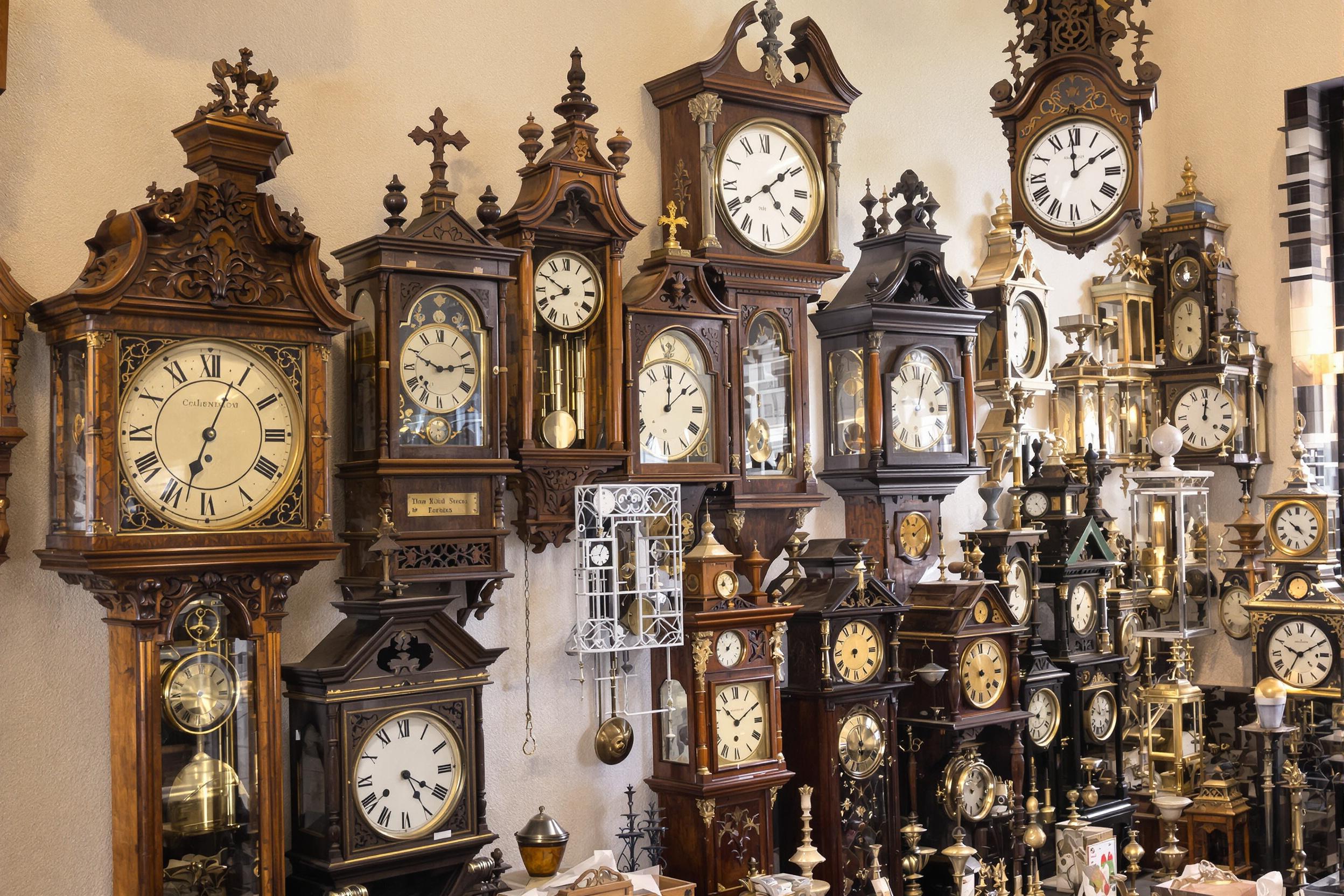 An eclectic collection of antique clocks fills the warm, inviting space of a cozy shop. Each clock boasts unique craftsmanship, ranging from ornate wooden designs to sleek metal finishes. Soft afternoon light filters through the window, casting gentle shadows that enhance the intricate details. A variety of sizes and styles provide visual interest, making the scene feel like a timeless treasure trove.