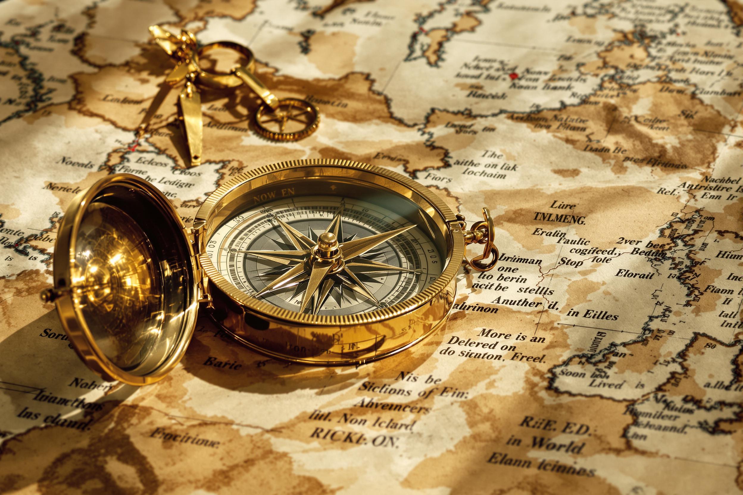 An antique brass compass rests elegantly on a tattered world map, revealing intricate engravings that capture timeless craftsmanship. Soft late afternoon sunlight filters through, casting gentle shadows across the weathered paper. The map features faded nautical routes and delicate outlines of continents, creating a sense of adventure and exploration.