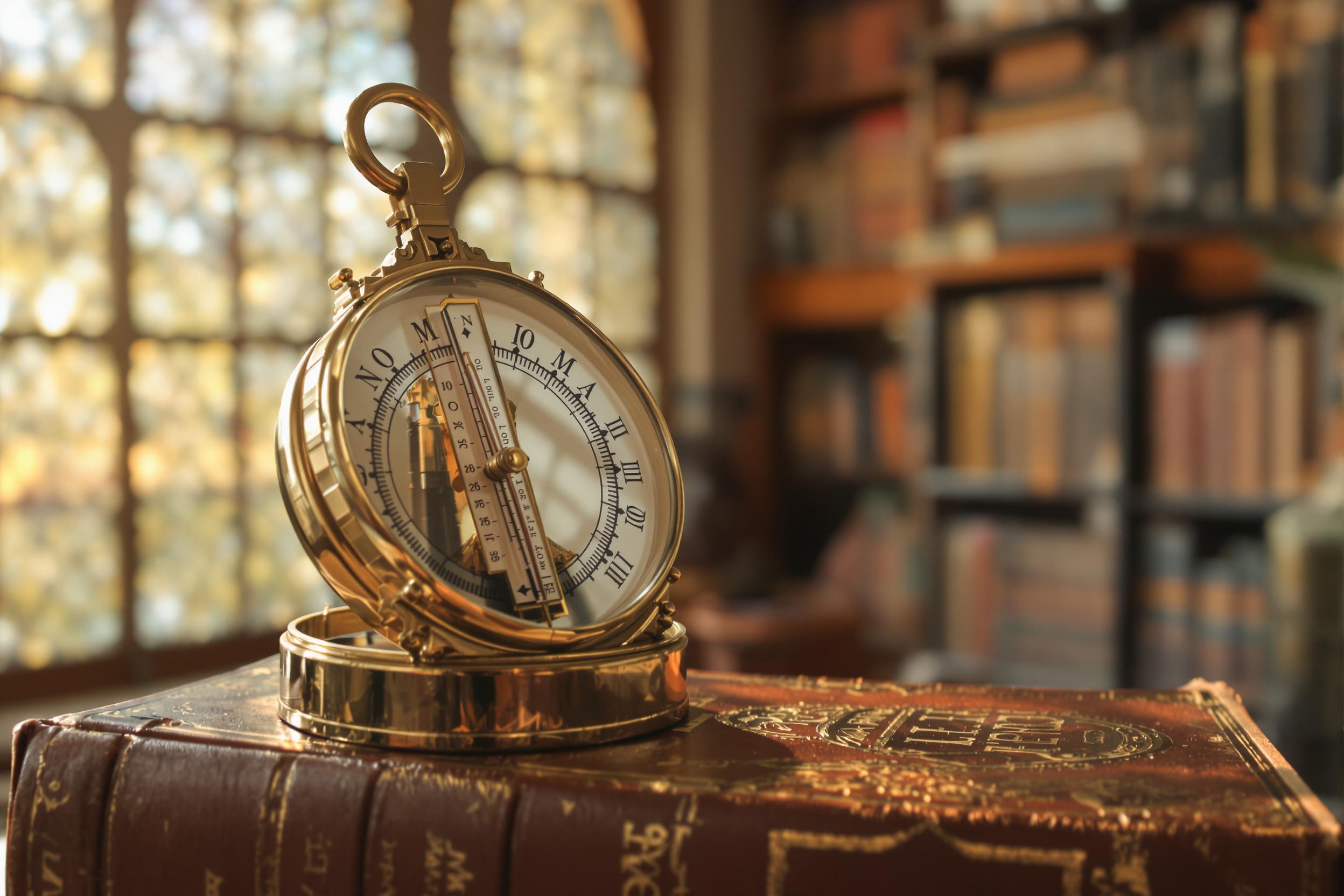 A close-up of an antique barometer and compass placed on aged leather-bound books within a softly lit vintage library. Golden-hour sunlight gently filters through patterned glass, catching the worn brass surfaces of the instruments. Intricate engravings reflect faint gleams, while blurred bookshelves in the background add depth to this nostalgic scene.