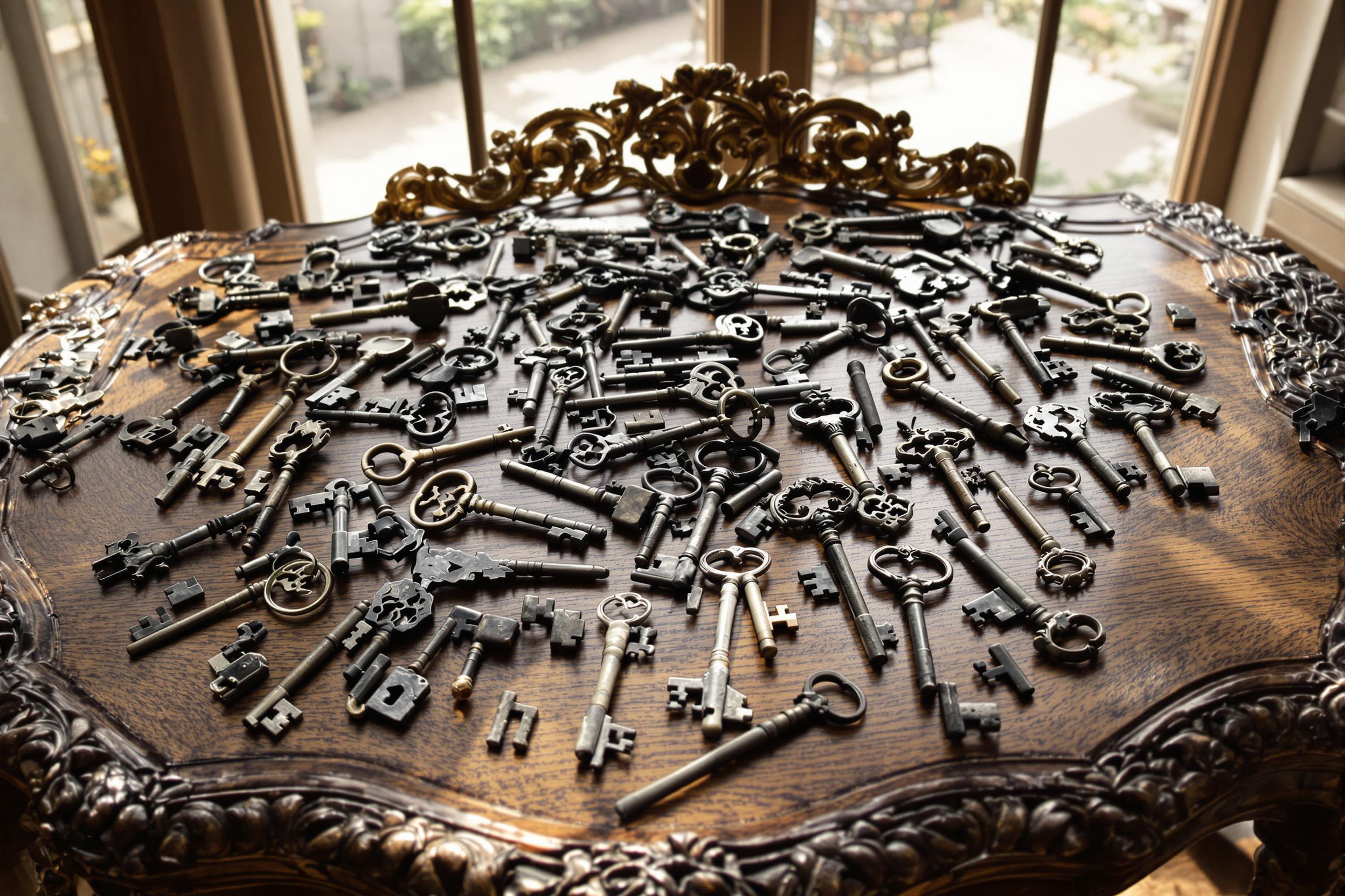 A meticulously arranged collection of antique keys sits atop an ornate wooden table. The keys, varying in size and shape, showcase intricate designs and faded patina, reflecting a rich history. Soft afternoon light filters through the nearby window, casting gentle shadows that enhance the wood grain texture beneath. This inviting scene evokes curiosity and nostalgia.