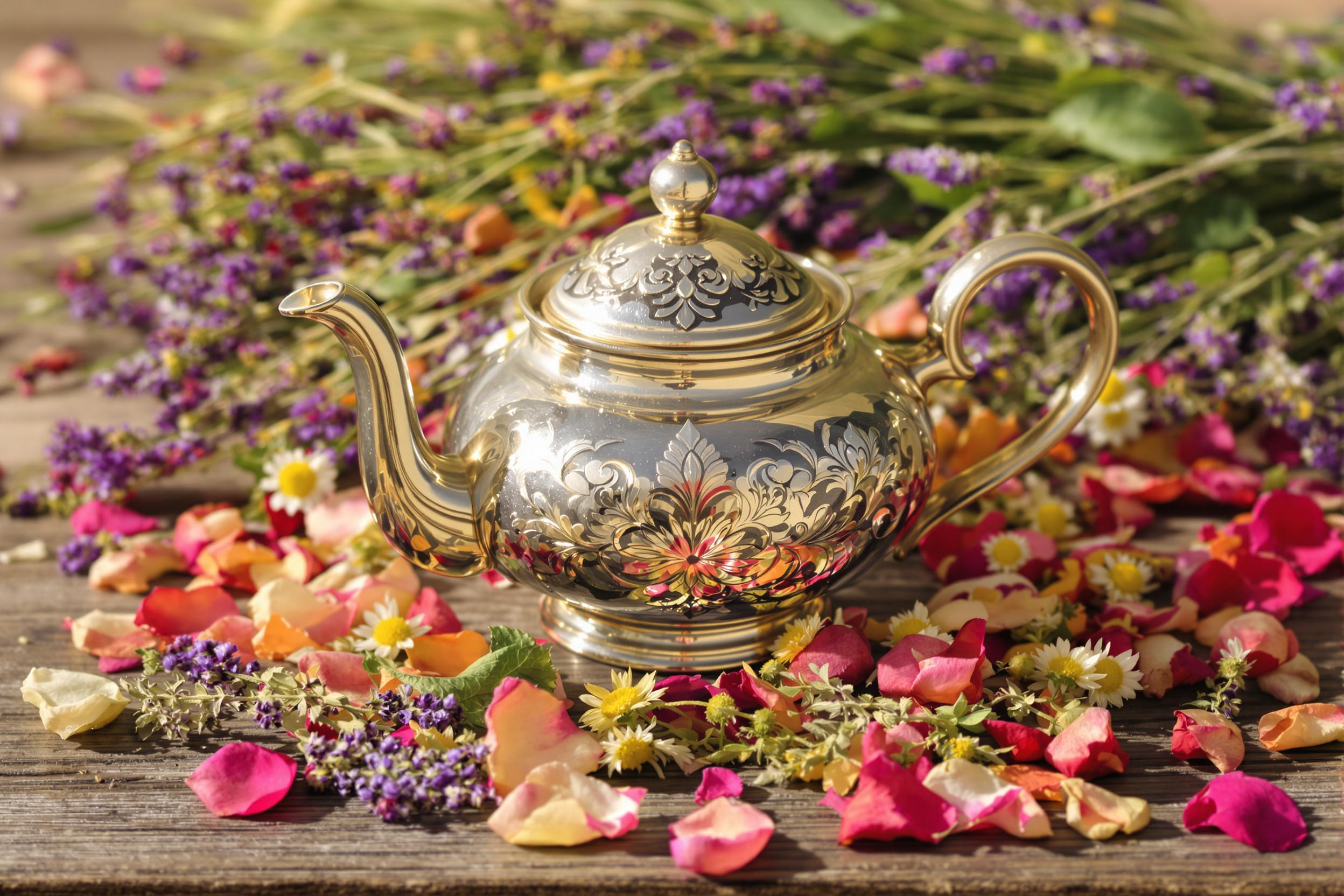 A charming antique teapot sits gracefully atop a rustic wooden table, enveloped by an assortment of dried herbs and colorful petals. The teapot's ornate floral engravings gleam under soft, warm light, casting delicate shadows. Surrounding it, sprigs of lavender, chamomile, and rose petals intertwine, enhancing the nostalgic atmosphere of this serene composition.