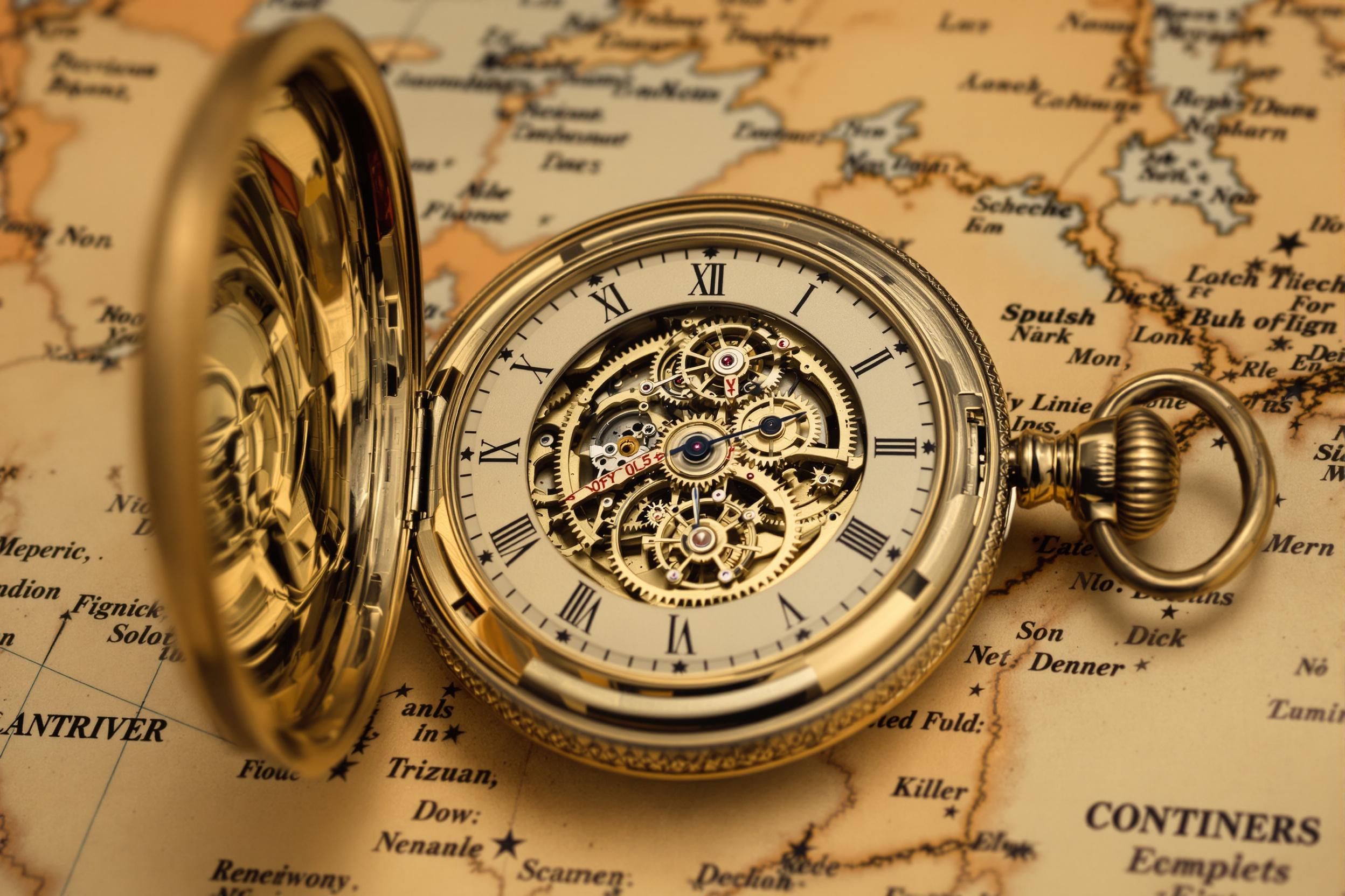 An antique pocket watch lies open on a worn parchment map under soft, diffused lighting. The intricate gold gears of the watch are meticulously crafted, reflecting a warm patina. Faded map lines highlight continents, hinting at nostalgia for exploration. Delicate shadows emphasize engraved decor, with edges displaying a mixture of wear and elegance.