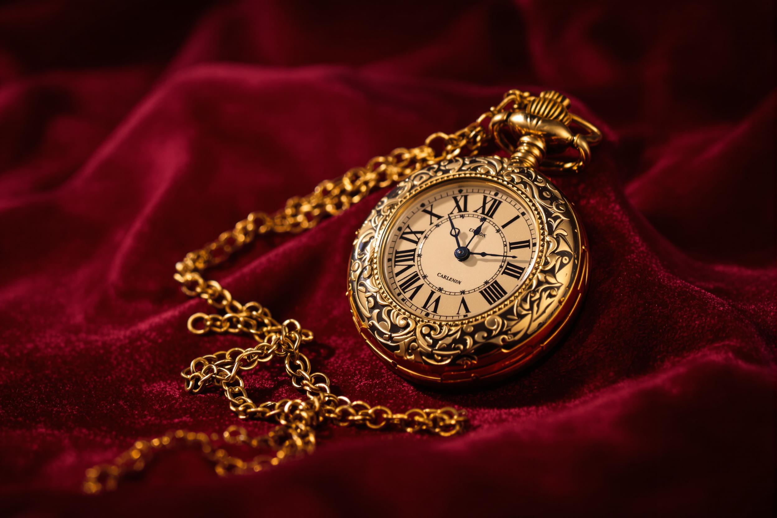 A macro photograph highlights an ornate antique pocket watch resting on deep red velvet. The watch gleams under soft, overhead lighting that accentuates its intricately engraved golden casing and Roman numeral face. Nearby, a fine chain coils on the textured surface, casting faint shadows. Surrounding details fade gently into a rich, blurred backdrop.