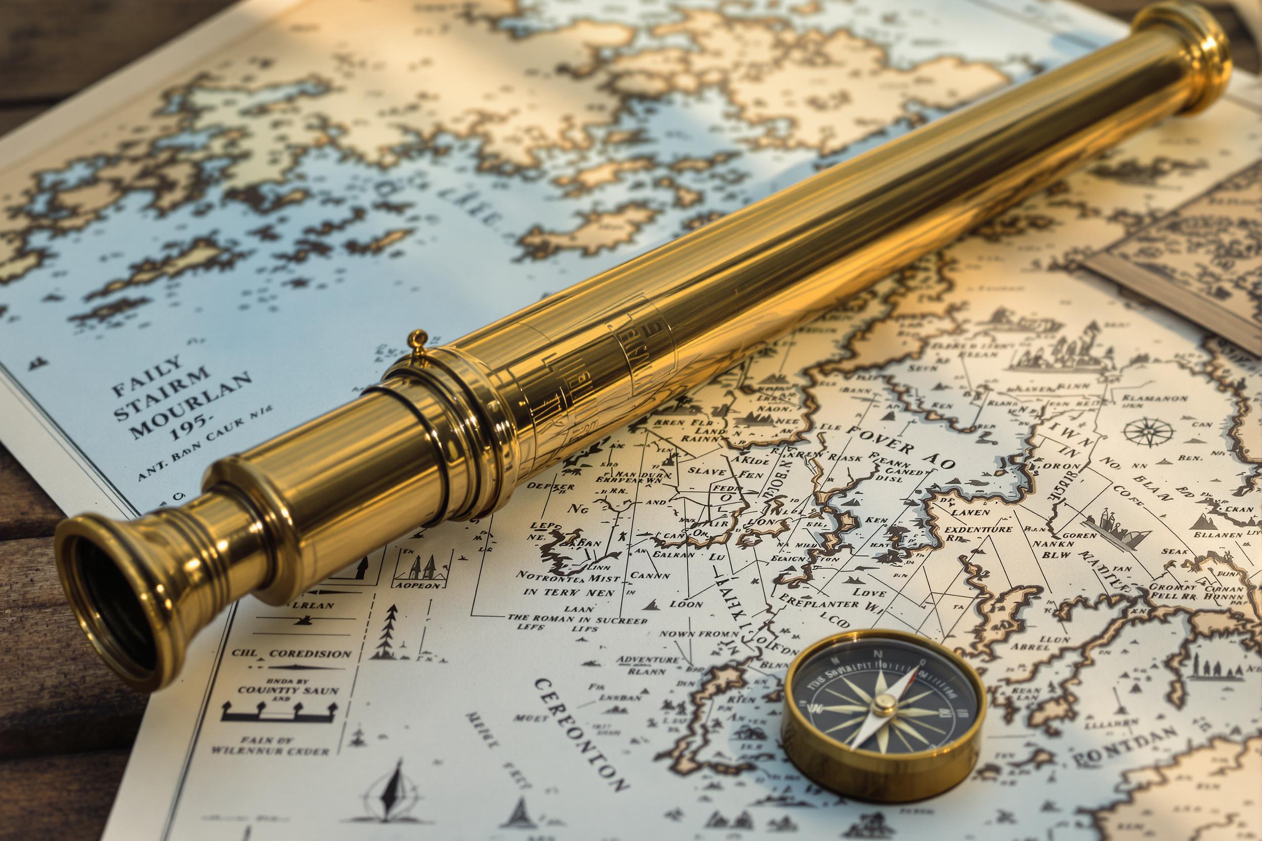 An antique brass telescope rests elegantly on a rustic wooden table, its polished surface gleaming in the soft late afternoon light. Surrounding it, nautical maps spread out with delicate engravings, hinting at adventures across the seas. A vintage compass lies nearby, enhancing the explorer's theme. The scene evokes a sense of timeless curiosity and exploration.