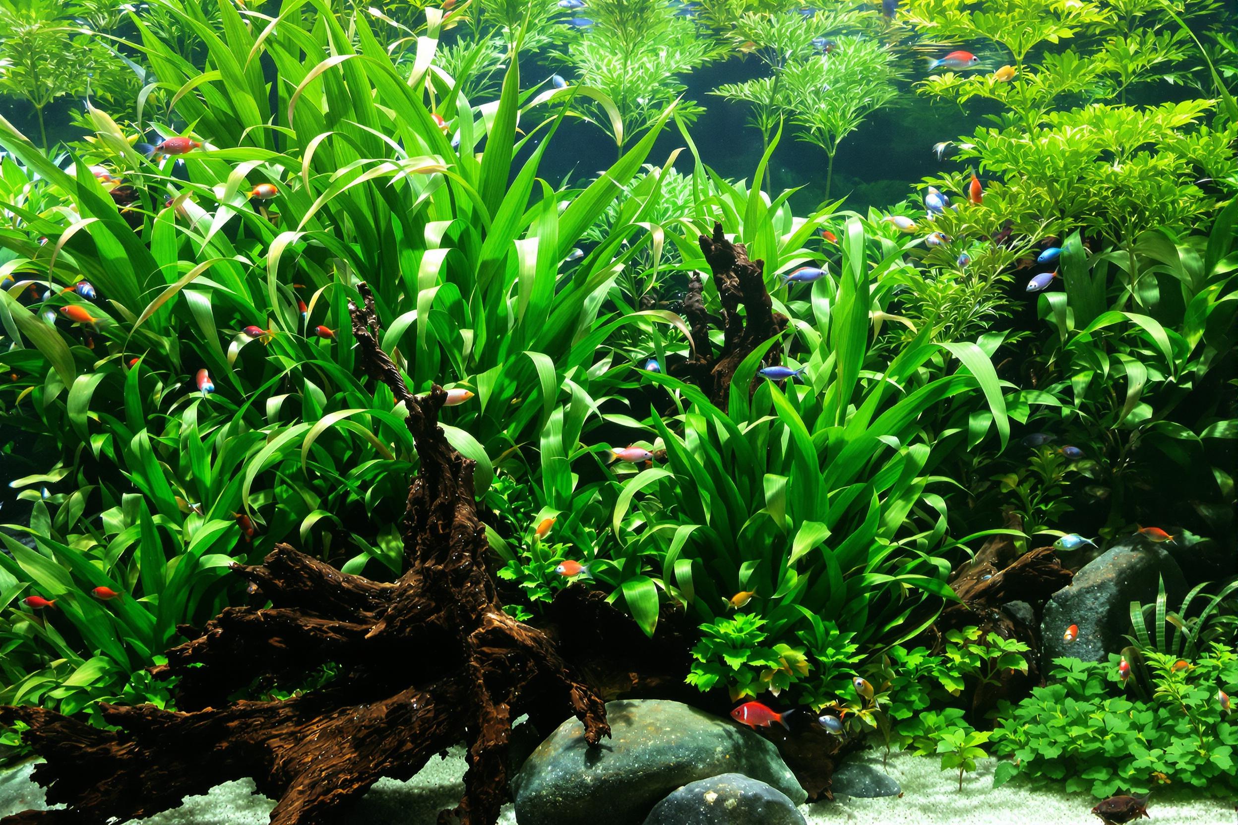 A lush aquascape reveals a vibrant underwater world. Graceful aquatic plants with elongated leaves sway gently in soft currents, while colorful fish dart among them, their scales shimmering in filtered light. Rocks and driftwood form a natural habitat, providing depth and texture to the tranquil scene, punctuated by lively bursts of color from exotic species.