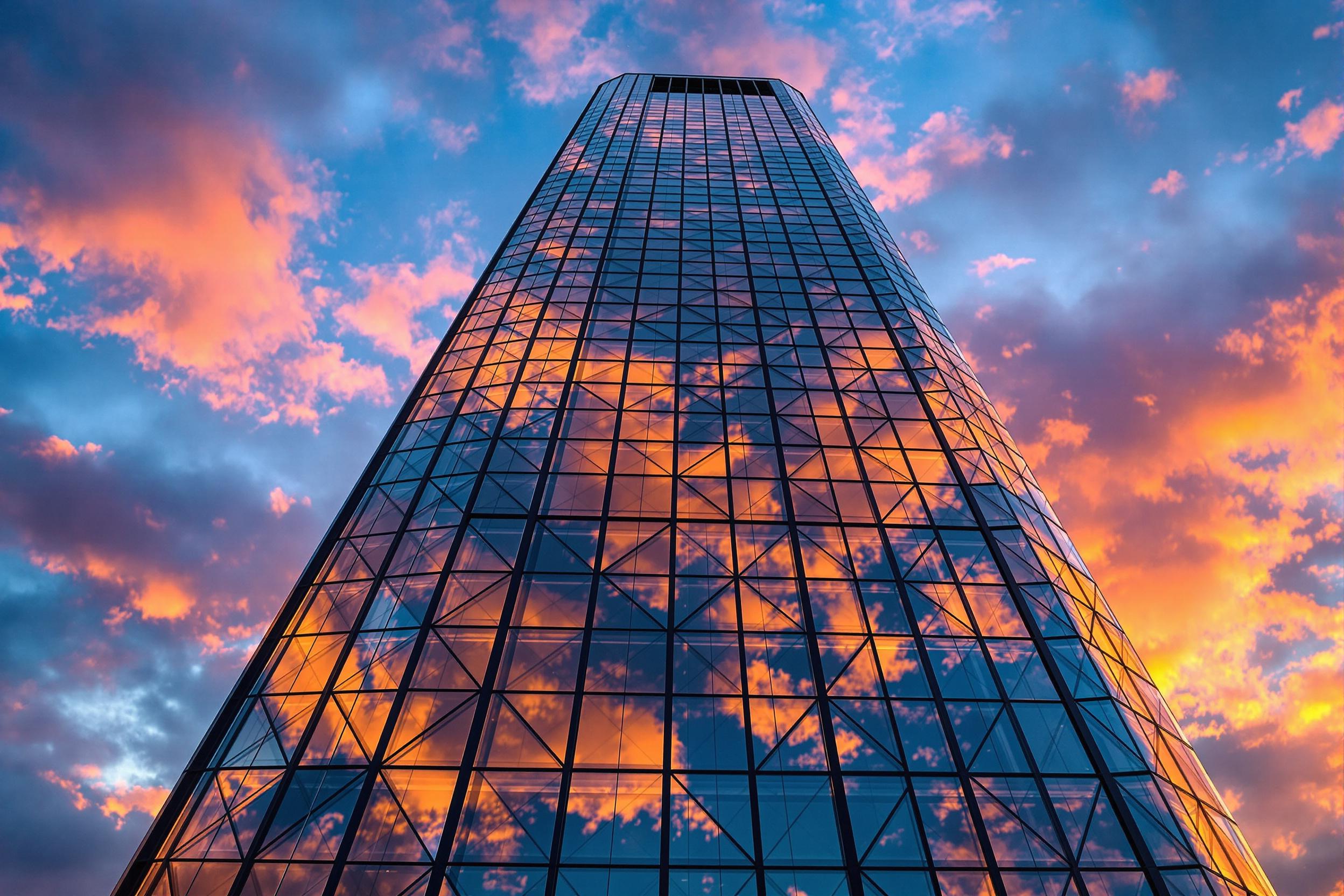 A worm’s-eye view captures a towering modern skyscraper reflecting vivid orange and pink hues of a setting sun. The sleek glass facade is patterned with angular frames, creating intricate geometric designs. Clouds ripple across the mirrored surfaces, blending urban aesthetics with nature's transitional sky. Warm twilight enhances depth.