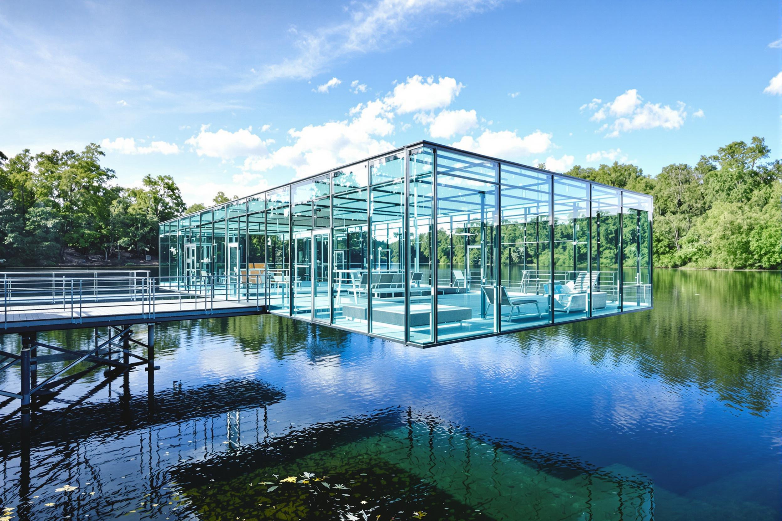 Discover a breathtaking glass pavilion suspended over a serene lake. This architectural masterpiece features transparent walls, minimalist steel framing, and a reflective roof that mirrors the surrounding nature. The structure seems to float effortlessly, blending seamlessly with its aquatic environment.