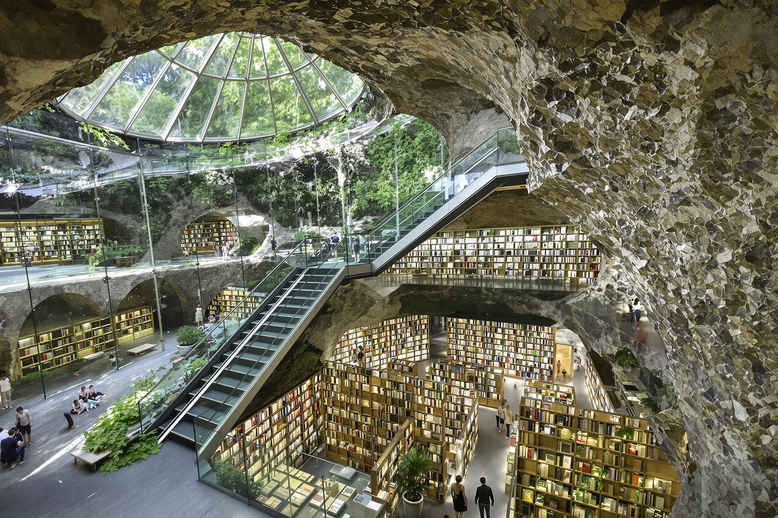 Discover an innovative underground library, seamlessly blending modern architecture with nature. This subterranean marvel features sleek glass walls, allowing natural light to illuminate rows of books and creating a tranquil reading environment beneath the earth's surface.