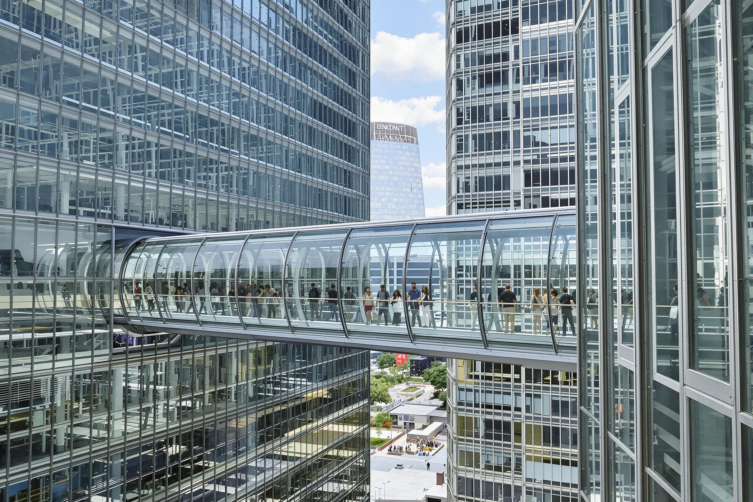 Explore the sleek design of a modern skybridge connecting two office towers. This architectural marvel showcases minimalist aesthetics with its transparent glass walls and slender steel frame, offering pedestrians a unique elevated pathway with panoramic city views.