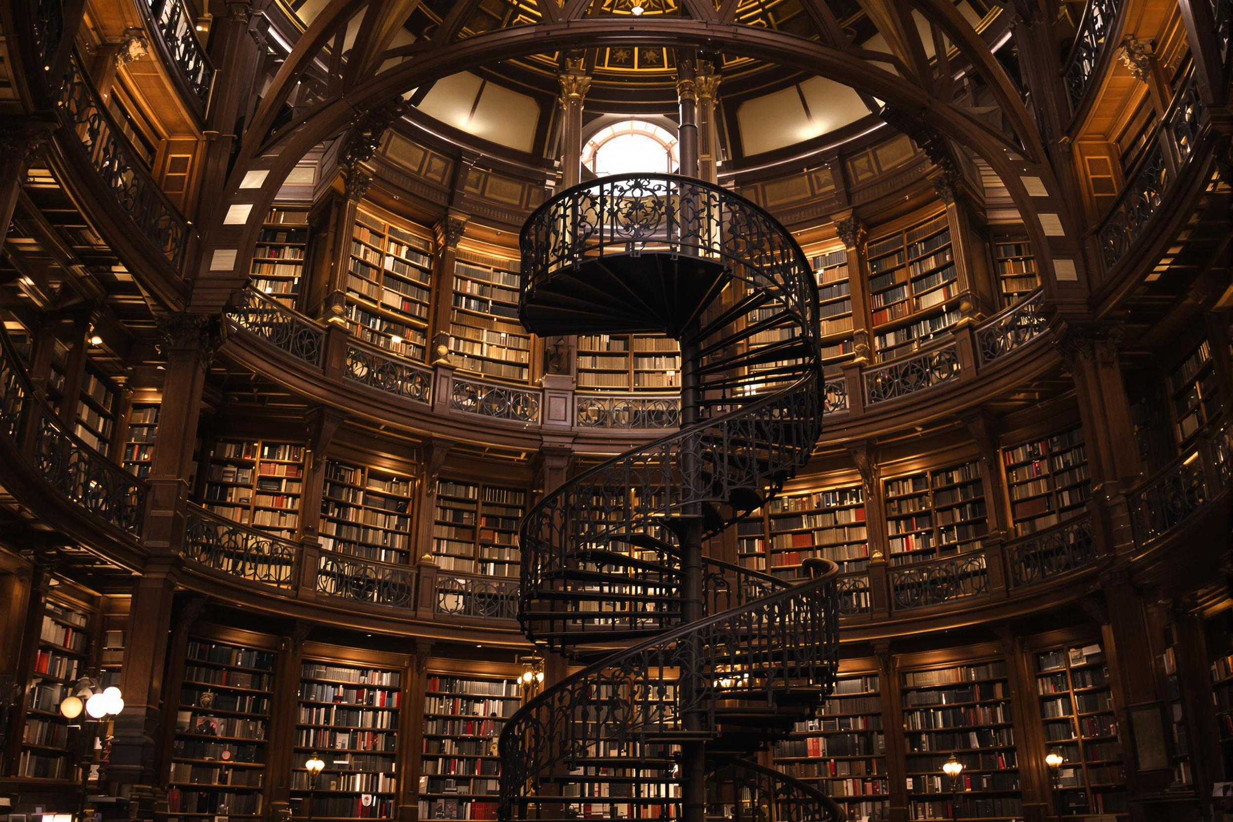 An awe-inspiring interior of a grand historic library, featuring ornate wooden bookshelves lining the walls and a magnificent wrought-iron spiral staircase as the centerpiece. Soft, warm lighting illuminates the rich details of the classic architecture, creating a timeless and scholarly atmosphere.