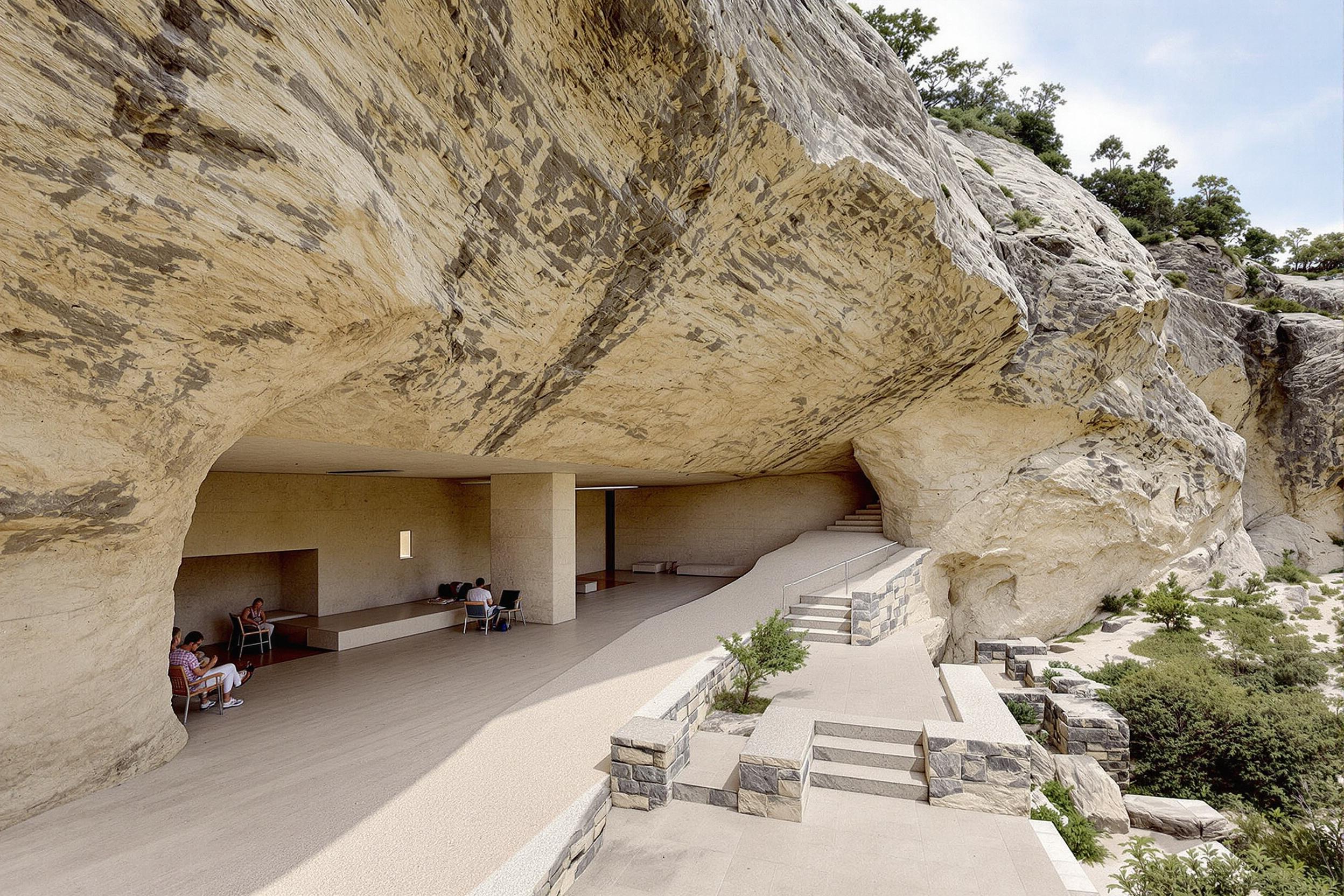 Discover a hidden architectural gem nestled within ancient limestone cliffs. This modernist chapel, carved directly into the rock face, blends seamlessly with its natural surroundings while offering a serene space for contemplation and worship. The minimalist design features clean lines, raw stone surfaces, and strategic skylights that create a play of light and shadow throughout the day.