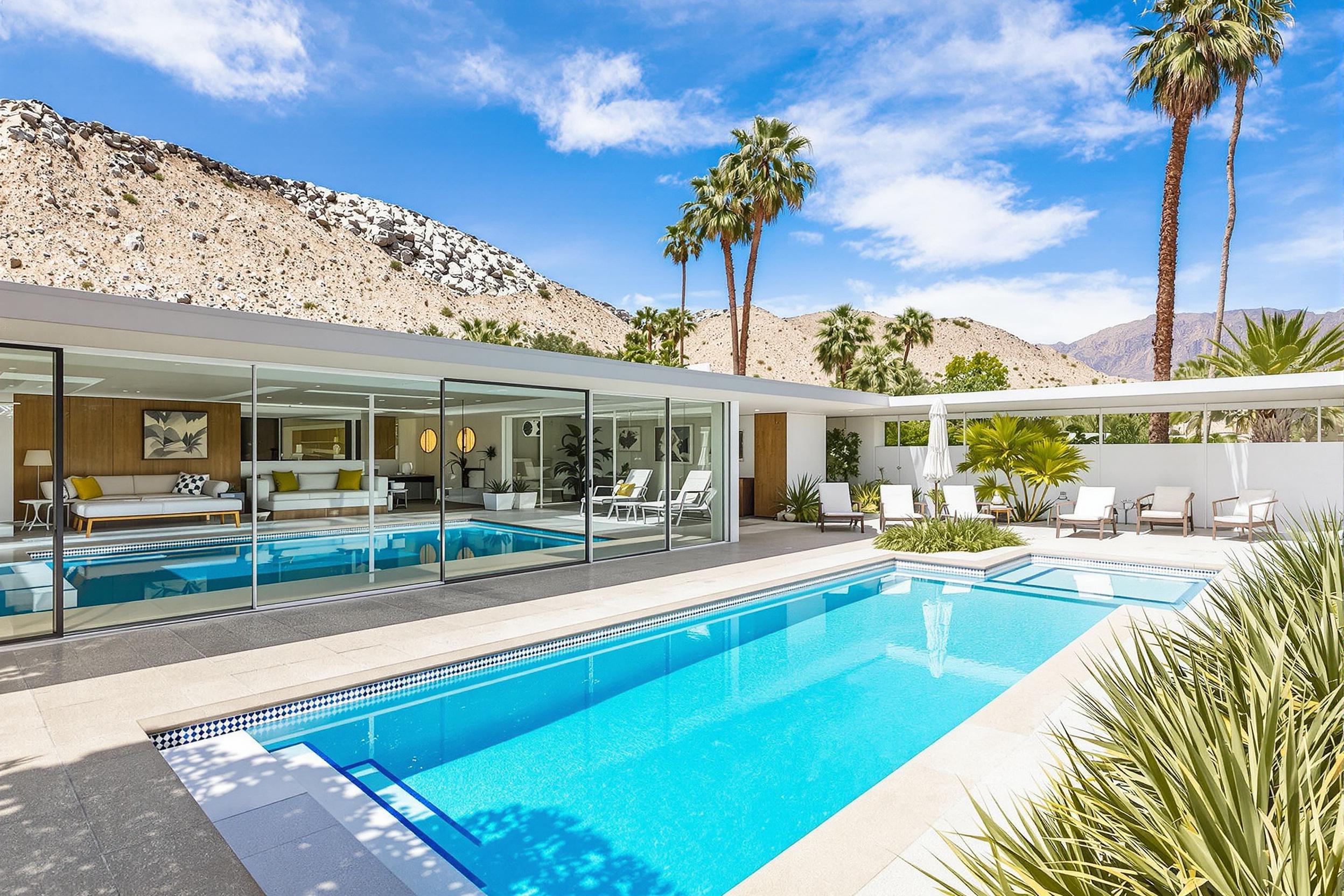 Discover a stunning example of mid-century modern architecture in Palm Springs. This iconic desert home features clean lines, expansive glass walls, and a seamless indoor-outdoor flow. The vibrant blue pool contrasts beautifully with the arid landscape, creating a visual oasis.