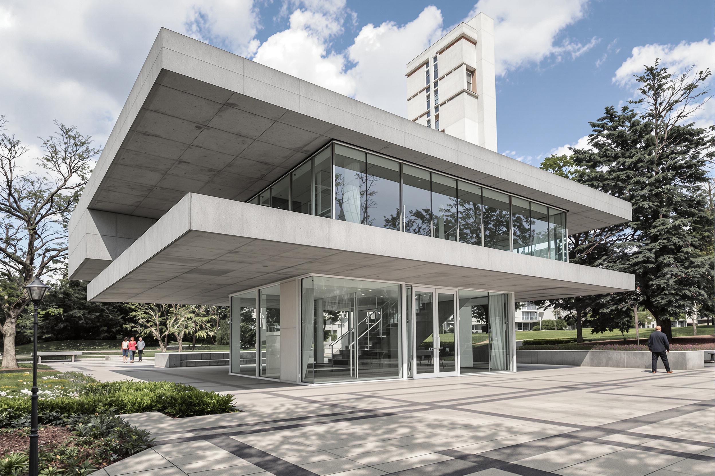 Discover a striking modernist concrete pavilion nestled in an urban park. This architectural gem features clean lines, cantilevered overhangs, and floor-to-ceiling windows that blur the boundary between interior and exterior spaces. The structure's minimalist design creates a serene oasis amidst the bustling city.