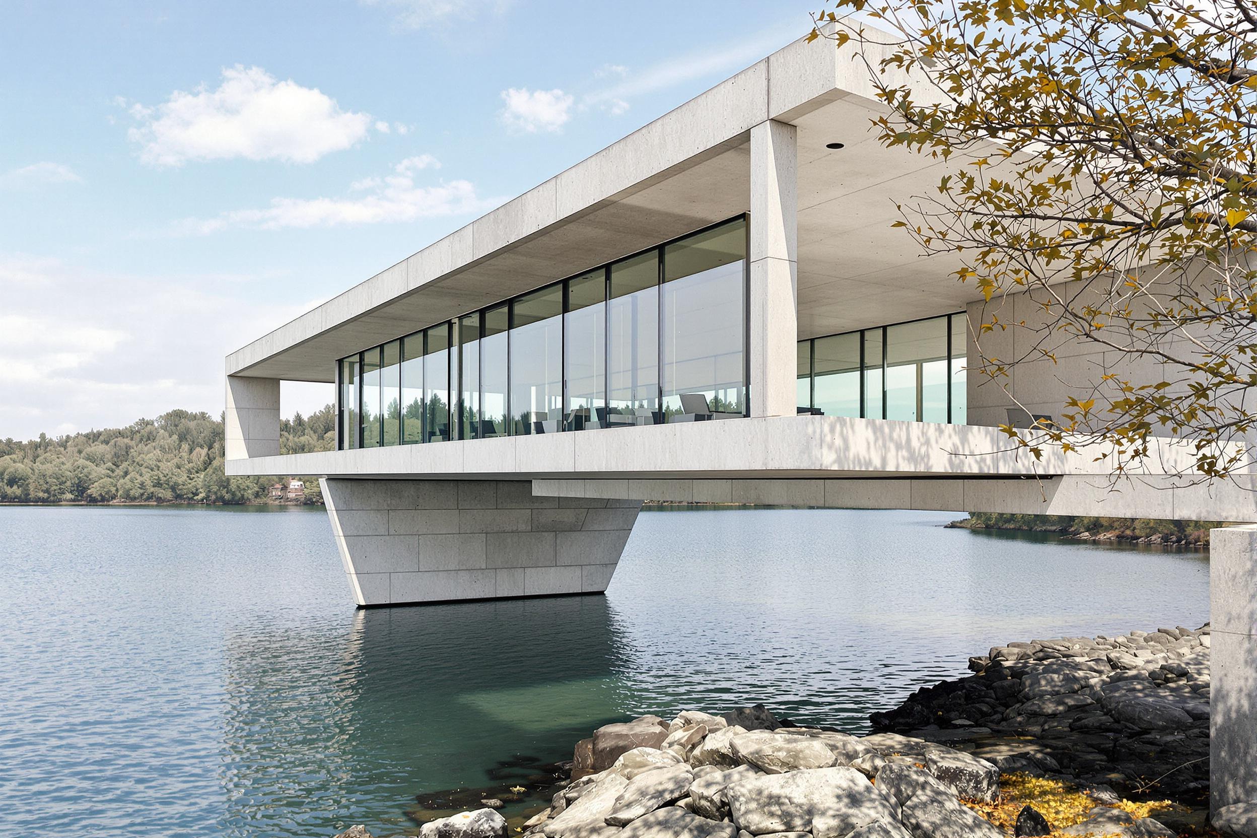 Discover a breathtaking modernist concrete pavilion suspended over a serene lake. This architectural masterpiece showcases clean lines, cantilevered structures, and floor-to-ceiling glass walls, creating a seamless blend of brutalist design and natural beauty.