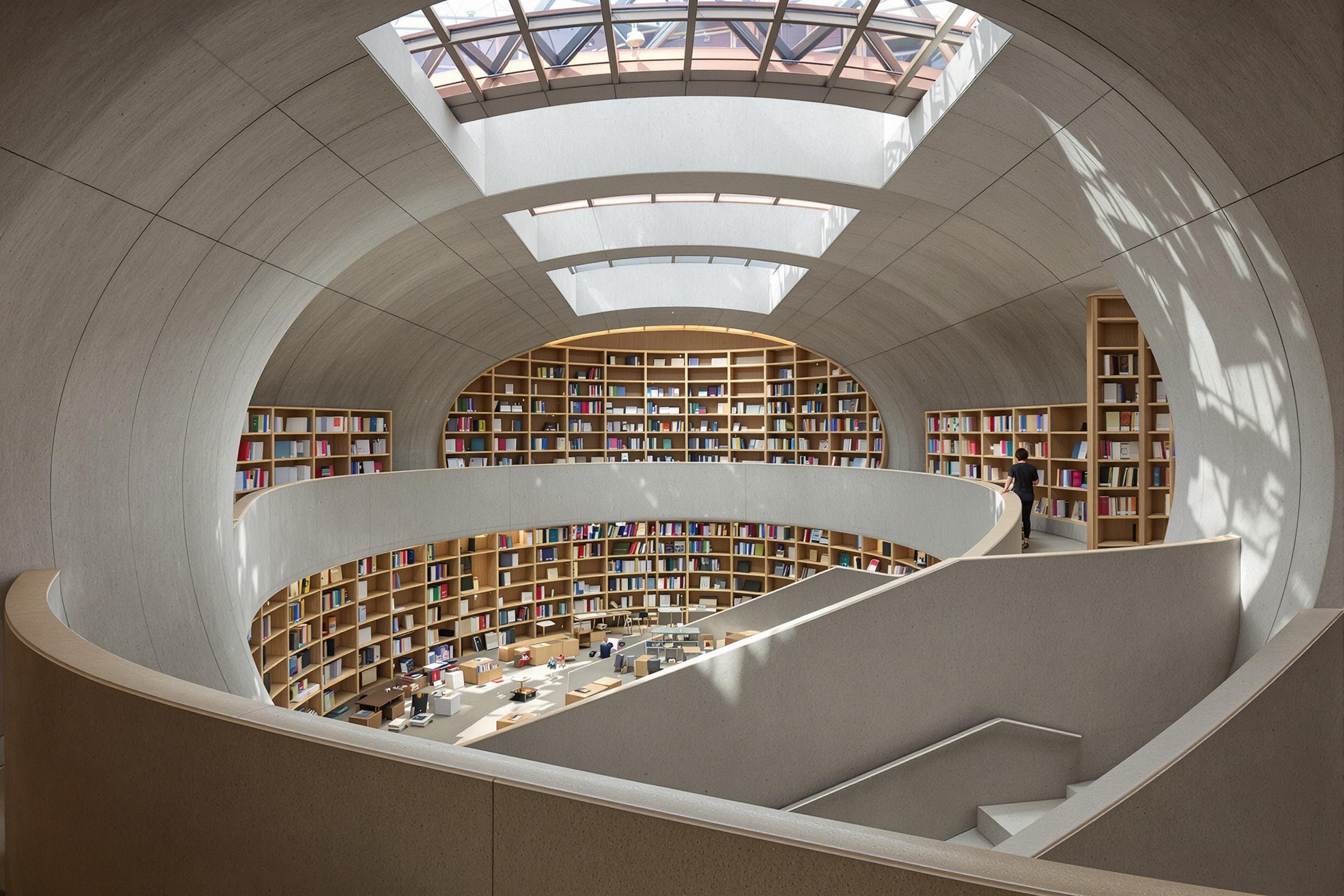 Discover an innovative underground library, where modern architecture creates a sanctuary for book lovers. Sleek concrete walls contrast with warm wooden shelves, while cleverly designed skylights flood the space with natural light, creating an atmosphere of tranquil focus and intellectual curiosity.