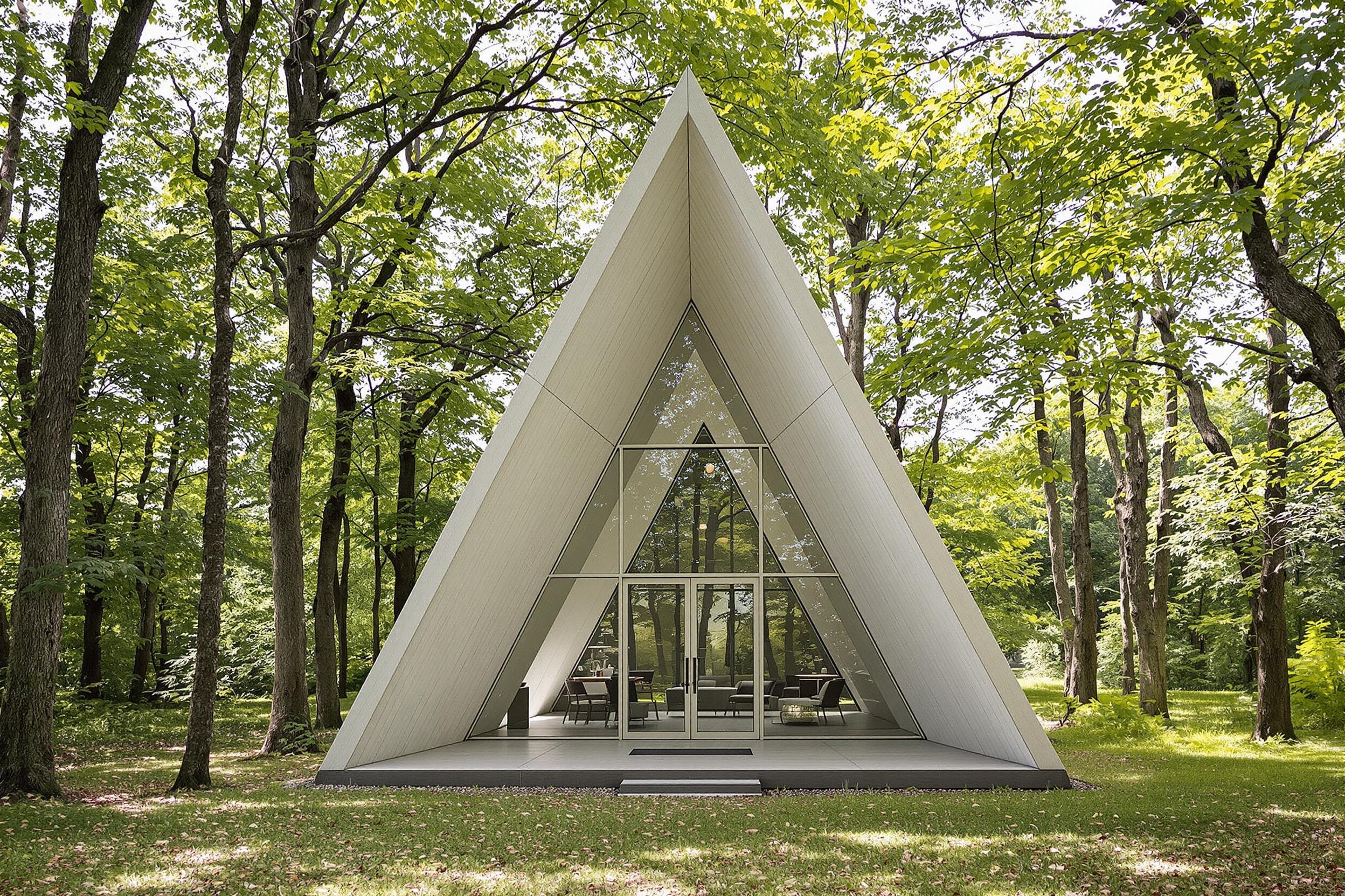 Discover a serene concrete chapel nestled in a forest clearing. This minimalist architectural masterpiece features clean lines, a dramatic triangular form, and floor-to-ceiling windows that blur the boundary between sacred space and nature. Soft, dappled light filters through surrounding trees, creating an ethereal atmosphere.