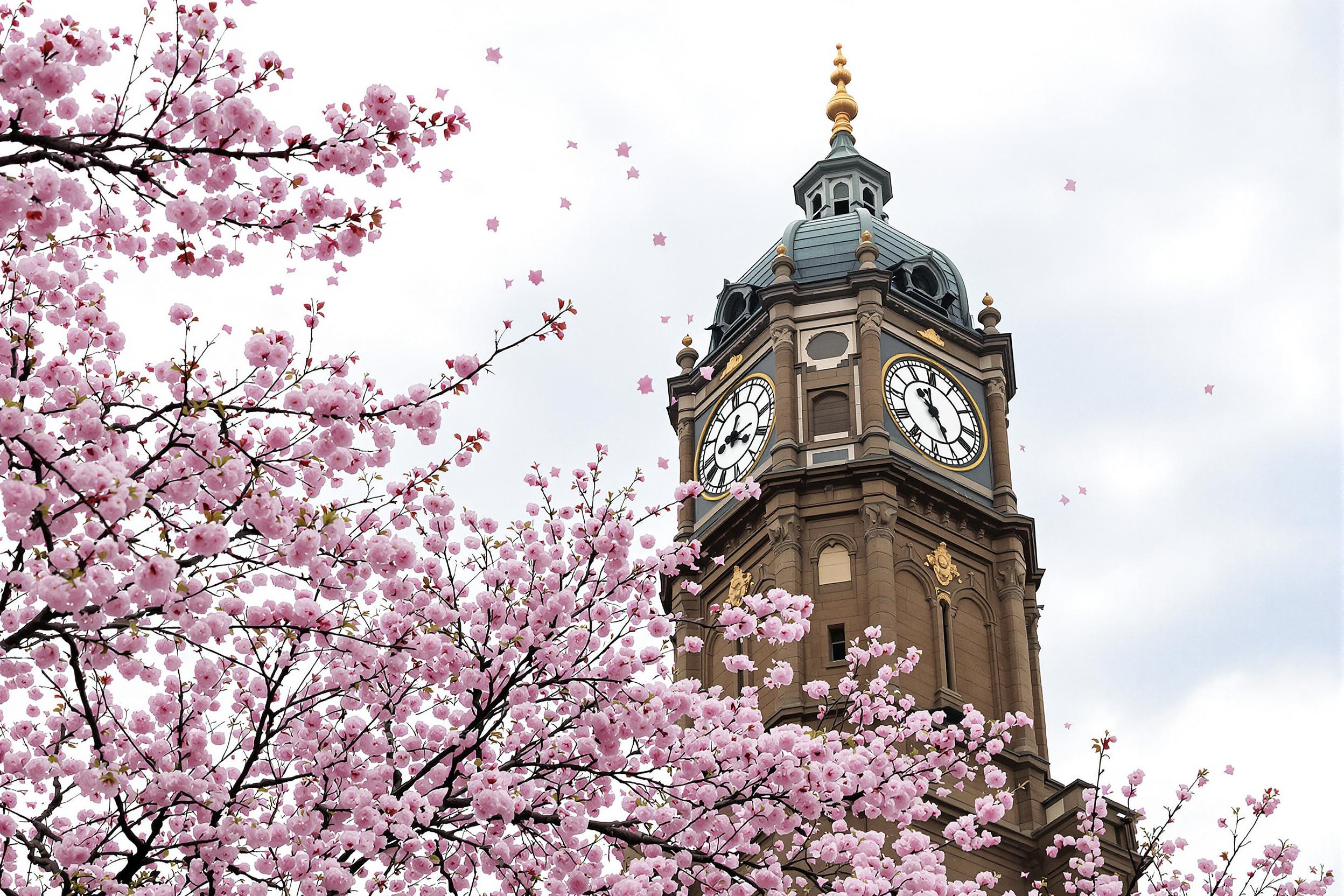 An impressive antique clocktower stands tall against the backdrop of vibrant cherry blossom trees in full bloom. The clock's intricate details are highlighted by soft afternoon light, creating delicate shadows around the structure. Petals gently fall, dancing in the breeze, while cloudy skies provide a serene canvas to this picturesque scene. Historic architecture meets nature in a harmonious balance.