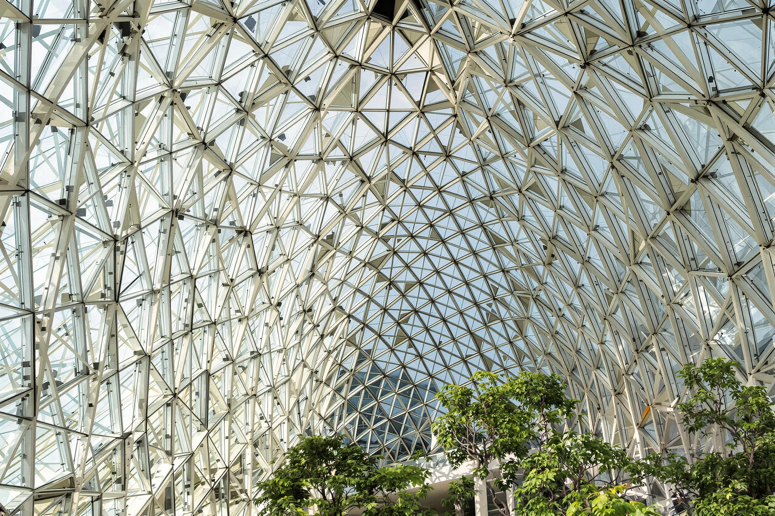 Discover a stunning glass atrium in a contemporary office building, where geometric patterns and natural light create an inspiring work environment. This architectural masterpiece showcases the seamless integration of nature and modern design.