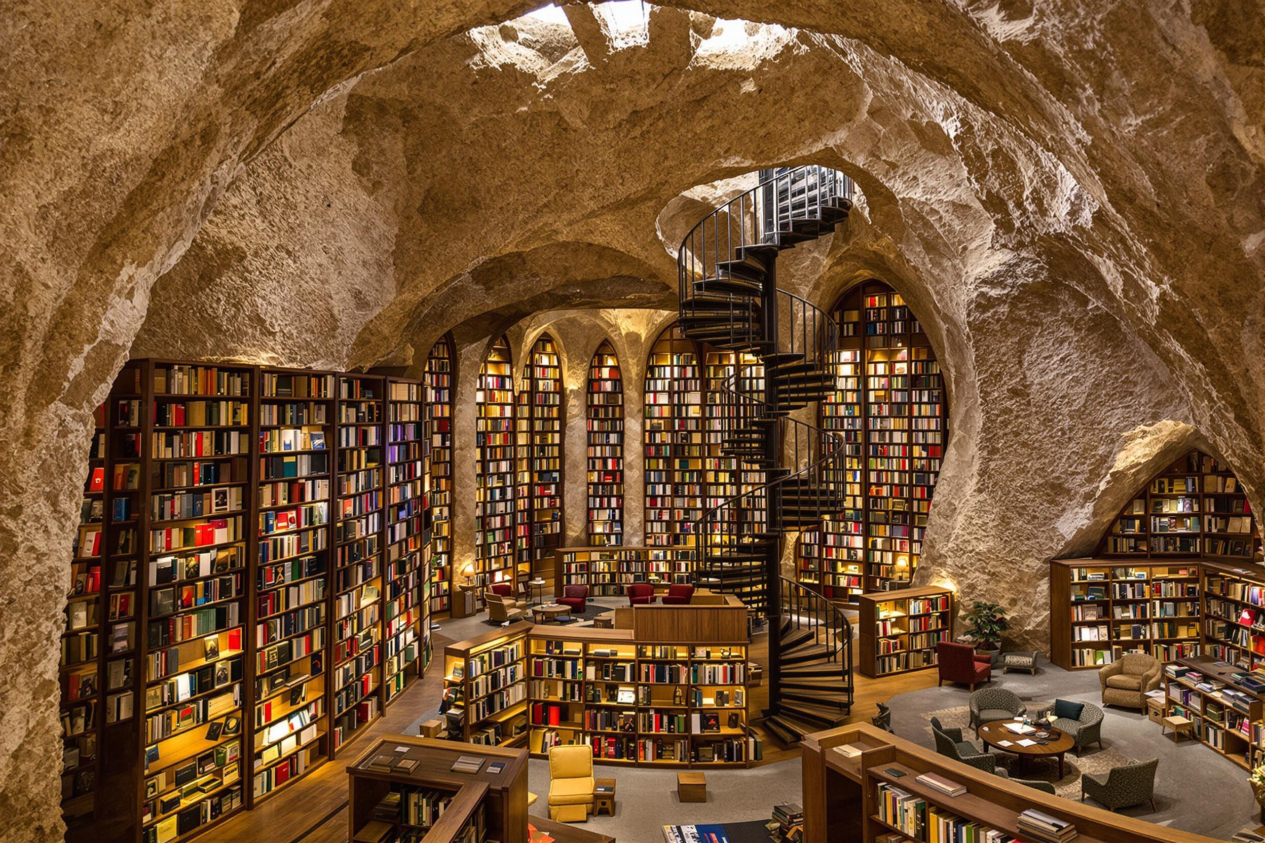 Explore an awe-inspiring underground library carved into bedrock. This architectural marvel features towering bookshelves, spiral staircases, and reading nooks illuminated by skylights. Natural stone walls contrast with modern furnishings, creating a unique sanctuary for book lovers.