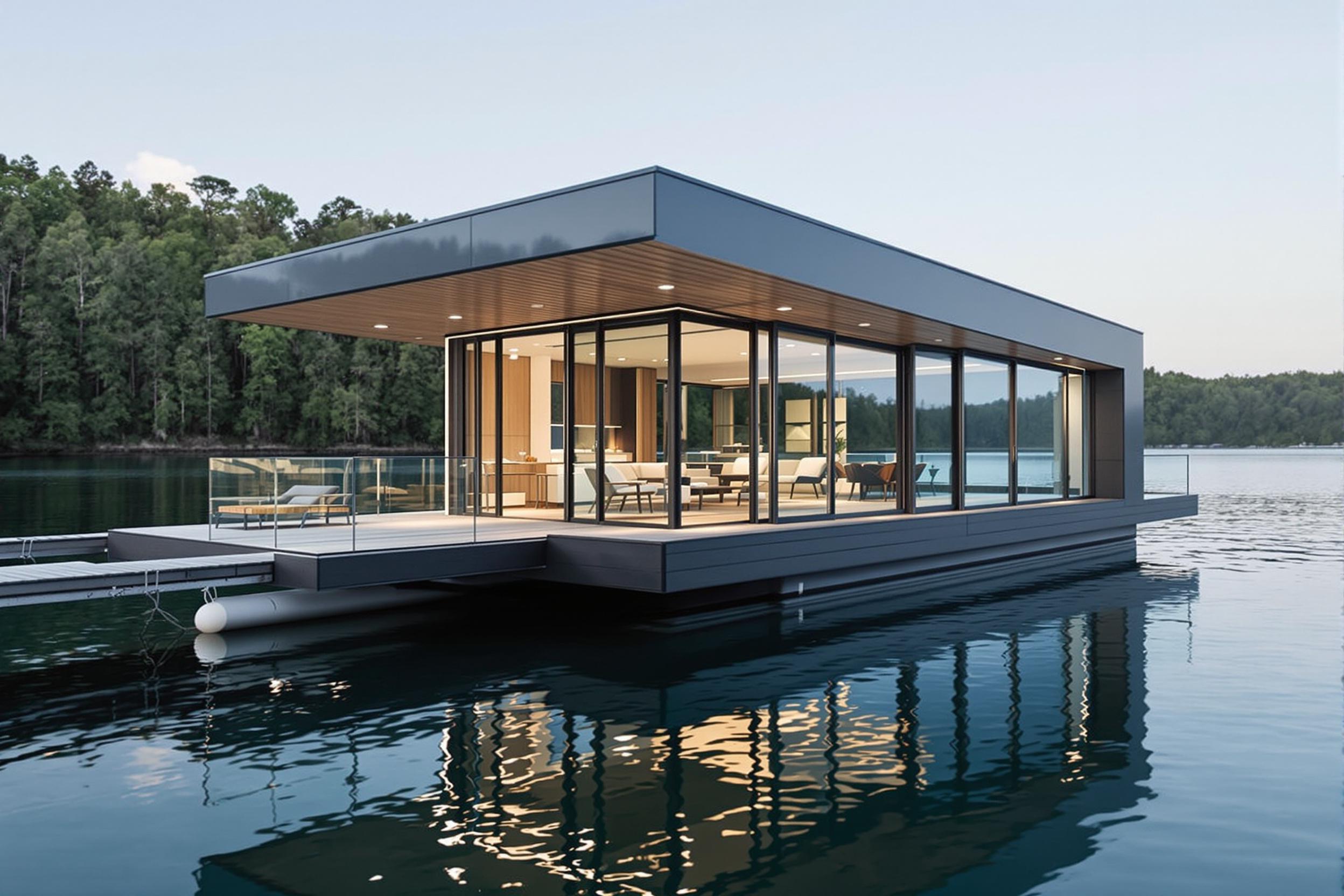 Discover a sleek, minimalist boathouse floating on a tranquil lake. This architectural gem features floor-to-ceiling windows, a cantilevered deck, and a seamless indoor-outdoor living space. The structure's clean lines and reflective surfaces create a stunning interplay with the surrounding water and forest.