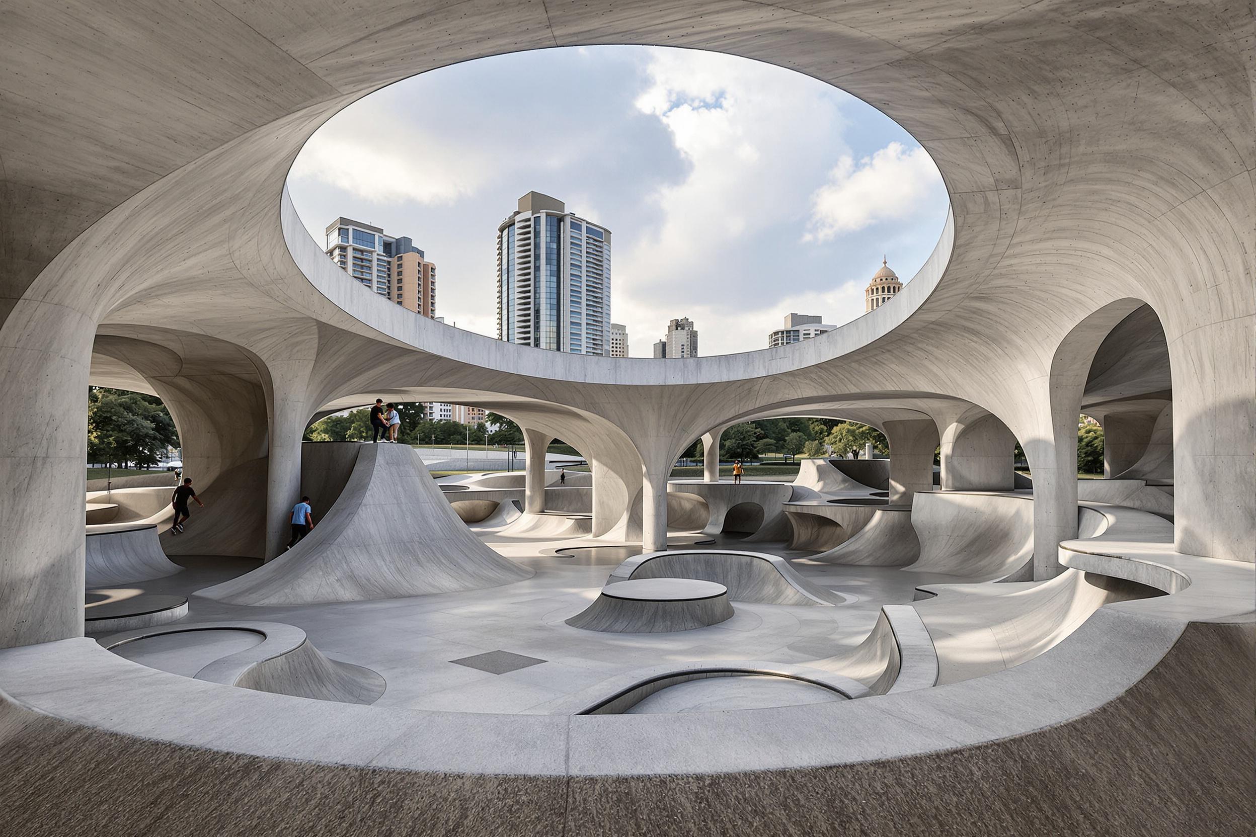 Discover an innovative brutalist concrete skatepark seamlessly integrated into an urban landscape. This architectural marvel showcases raw concrete forms, sweeping curves, and geometric obstacles, creating a dynamic playground for skaters against a backdrop of city skyscrapers.