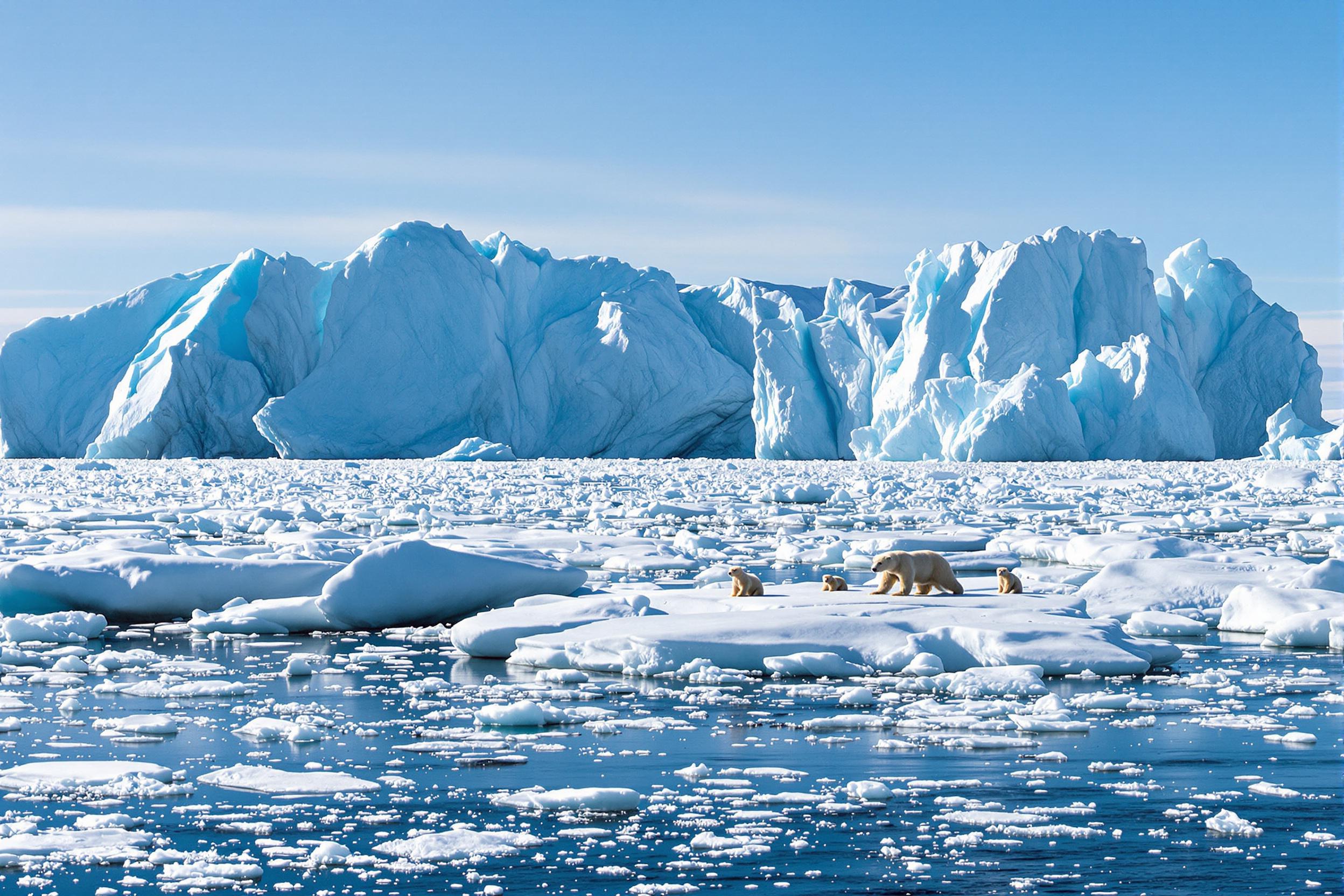 An expansive Arctic landscape showcases gigantic icebergs emerging from a sea of blue water. In the foreground, a mother polar bear and her cubs navigate through the shimmering ice. The brilliant midday sun illuminates the scene, casting crisp shadows on the smooth glacier surfaces, while the icy blues contrast sharply against the soft white snow, creating a serene yet powerful atmosphere.