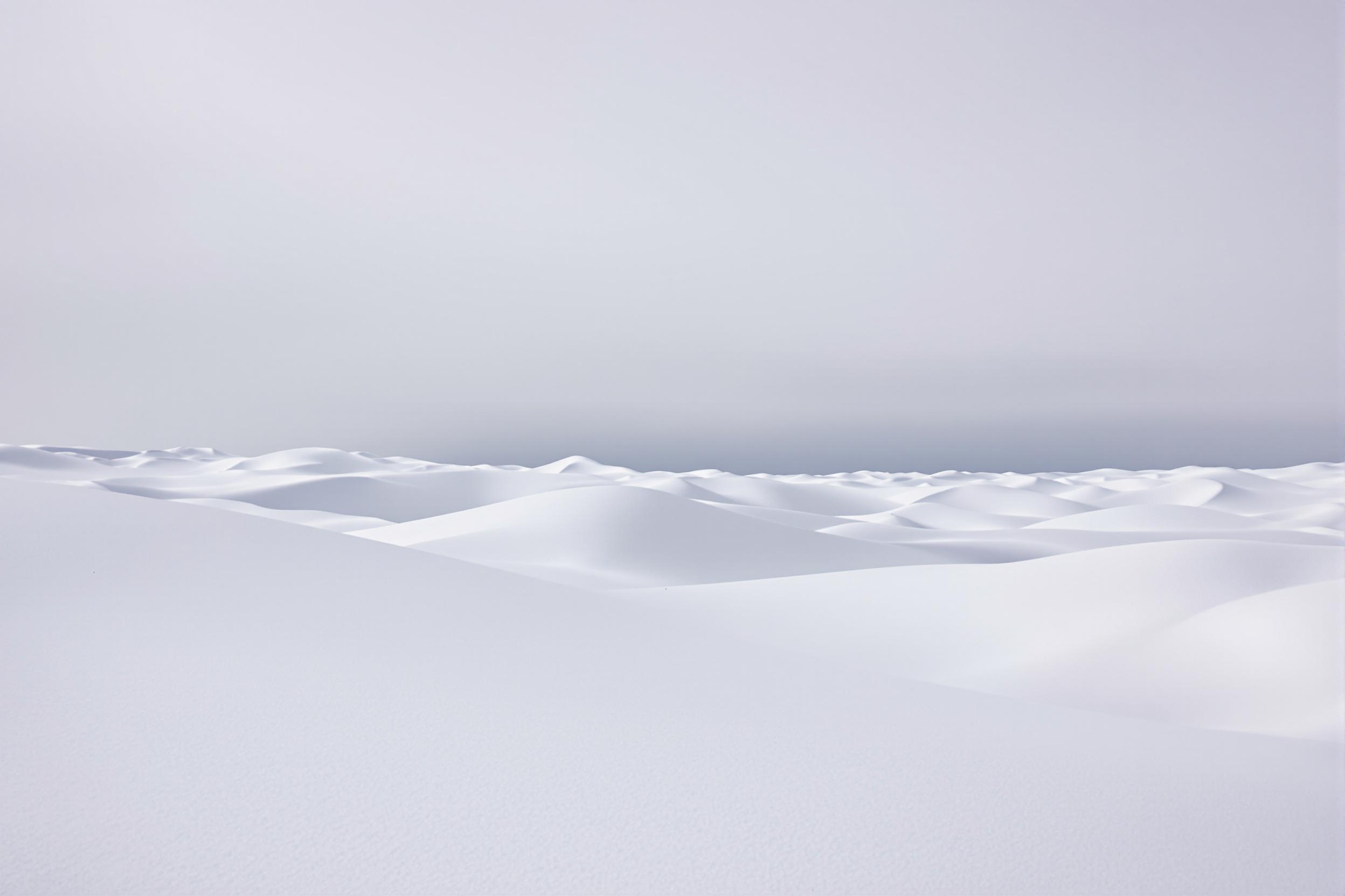 A sweeping arctic scene of snow-covered dunes unfolds under overcast skies. Smooth windswept ridges form soft curves leading to the horizon. The muted gray sky meets pristine white snow creating an ethereal simplicity. Crisp details capture the untouched texture of the icy terrain.