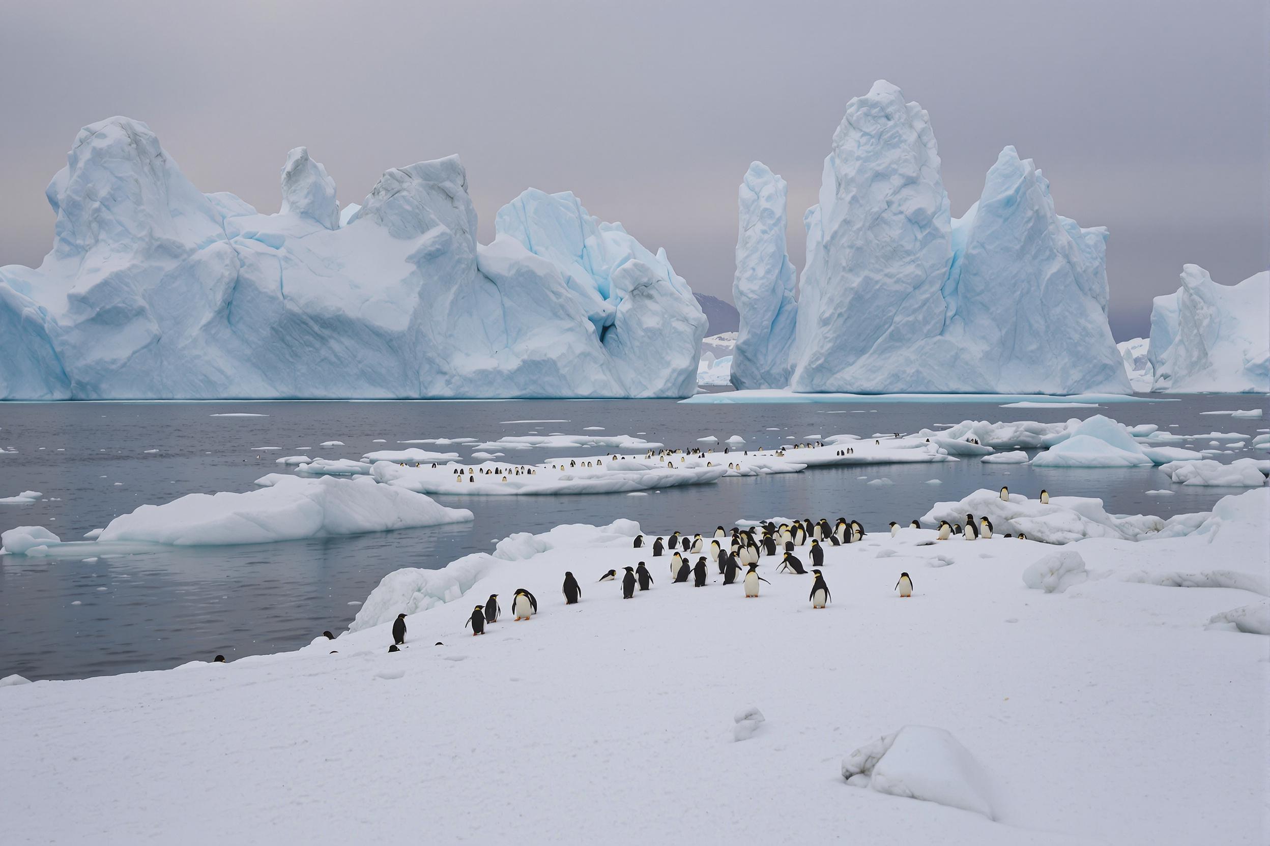 In an arctic seascape, towering icebergs float serenely in cobalt blue waters. Penguins huddle and waddle across fragmented ice chunks, adding life to the frosty tableau. Soft, diffused overcast light gives the scene a muted tone, emphasizing varying shades of white and blue. Delicate textures of snow and smooth glacial surfaces evoke the pristine fragility of polar regions.